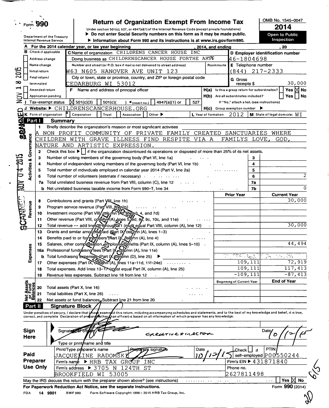 Image of first page of 2014 Form 990 for Children's Cancer House