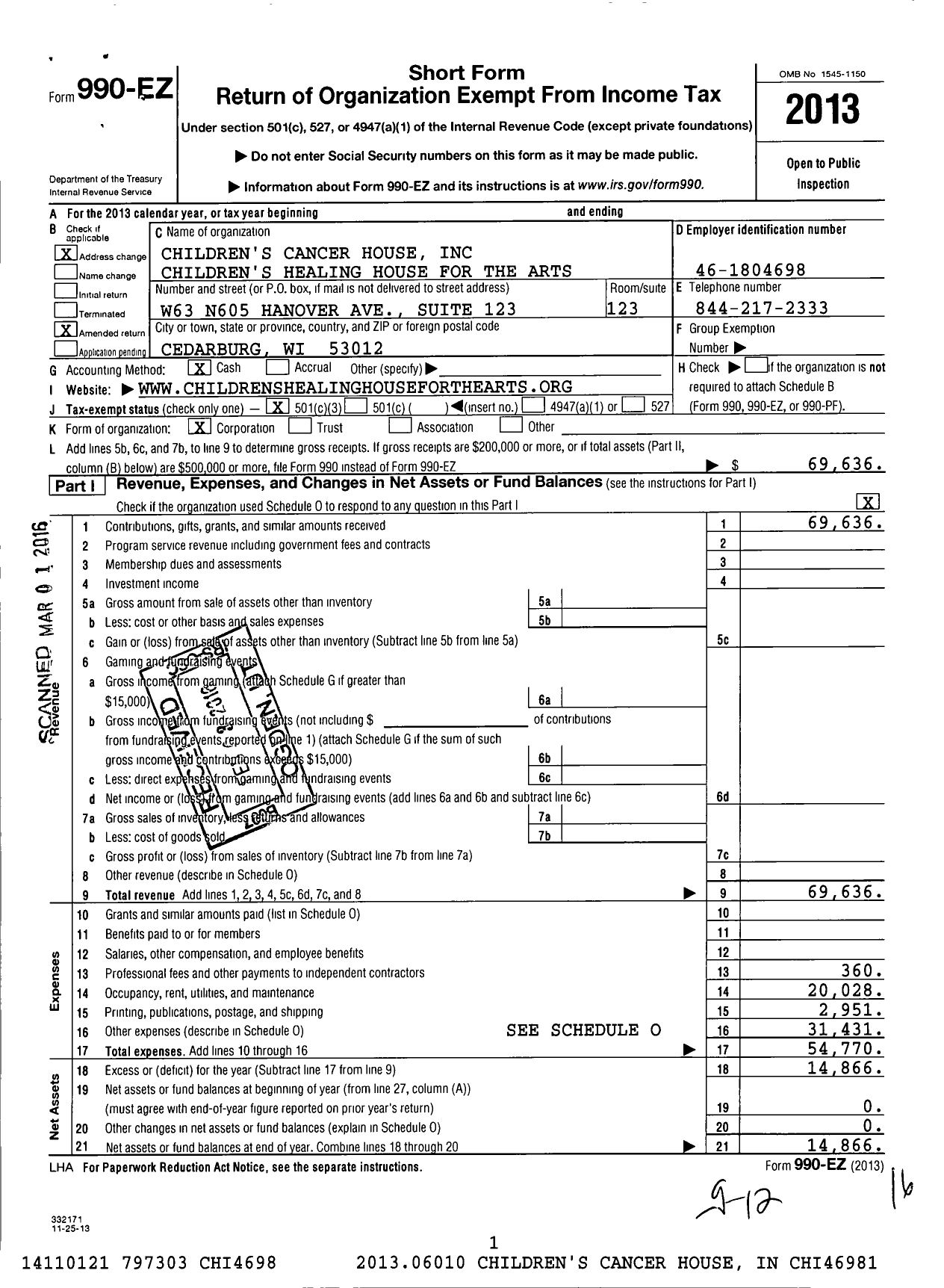 Image of first page of 2013 Form 990EZ for Children's Cancer House