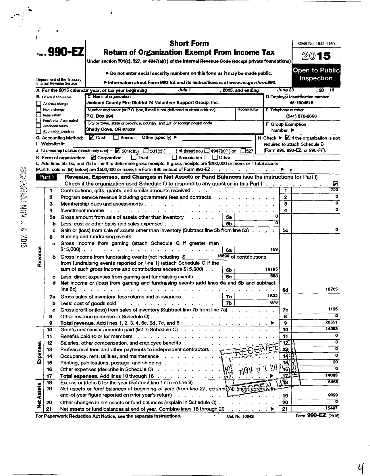 Image of first page of 2015 Form 990EZ for Jackson County Fire District 4 Volunteer Support Group