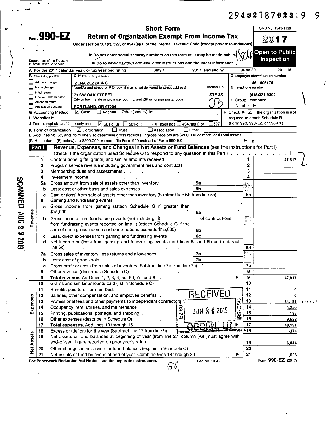 Image of first page of 2017 Form 990EZ for Zenazezza