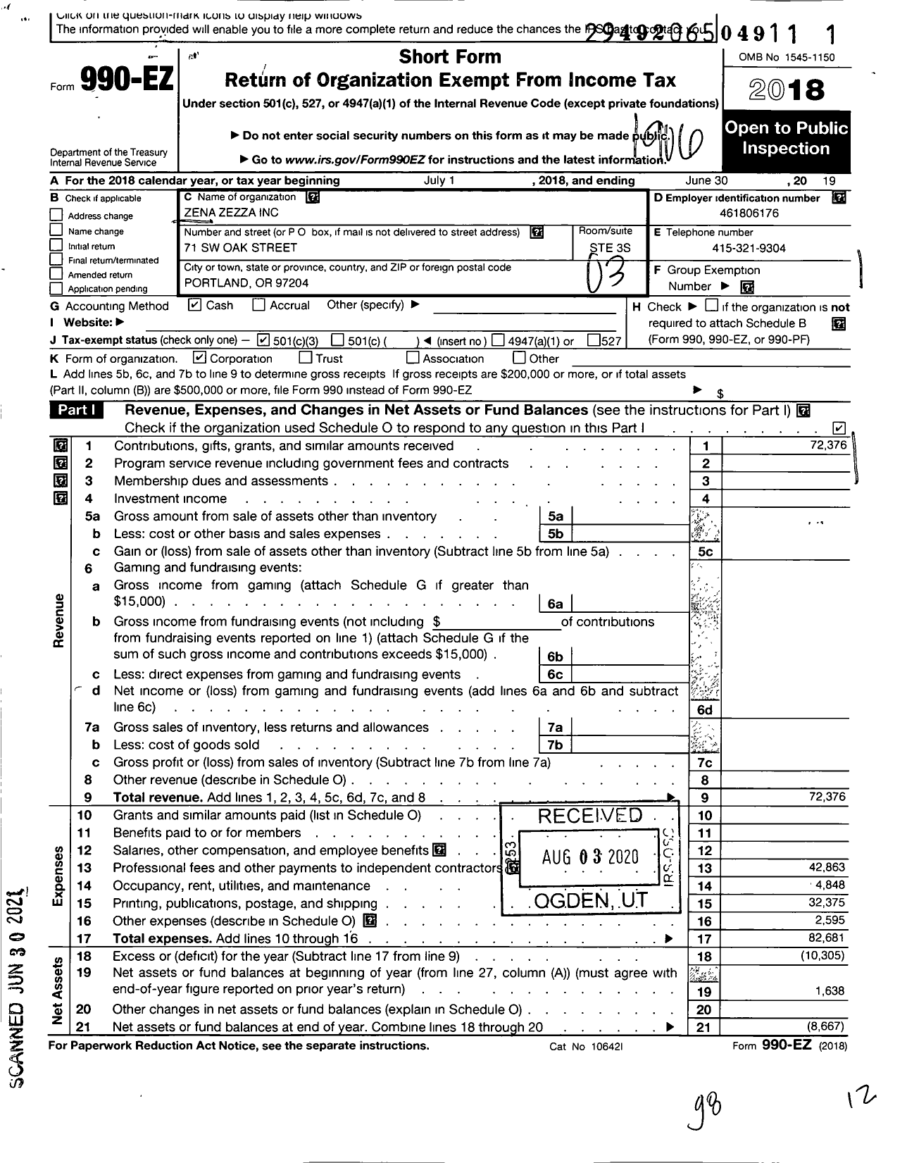 Image of first page of 2018 Form 990EZ for Zenazezza