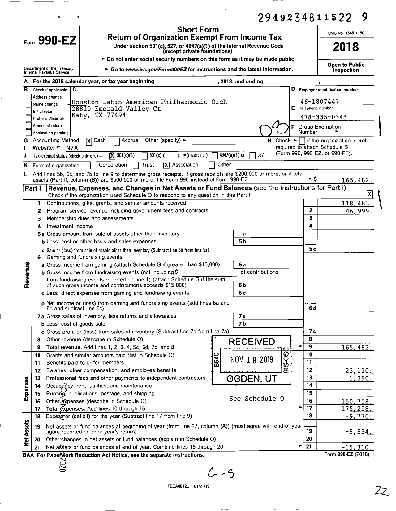 Image of first page of 2018 Form 990EZ for Houston Latin American Philharmonic Orchestra