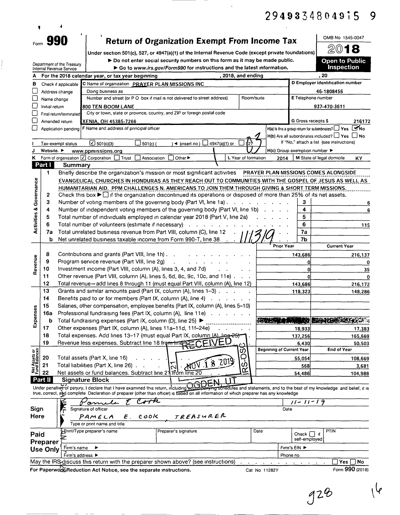 Image of first page of 2018 Form 990 for Prayer Plan Missions