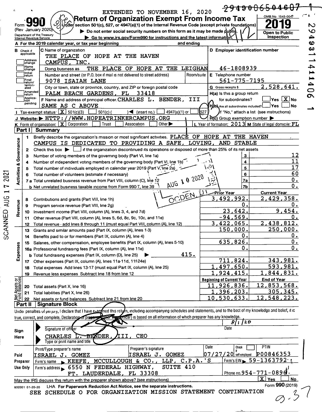 Image of first page of 2019 Form 990 for The Place of Hope at the Leighan and David Rinker Campus