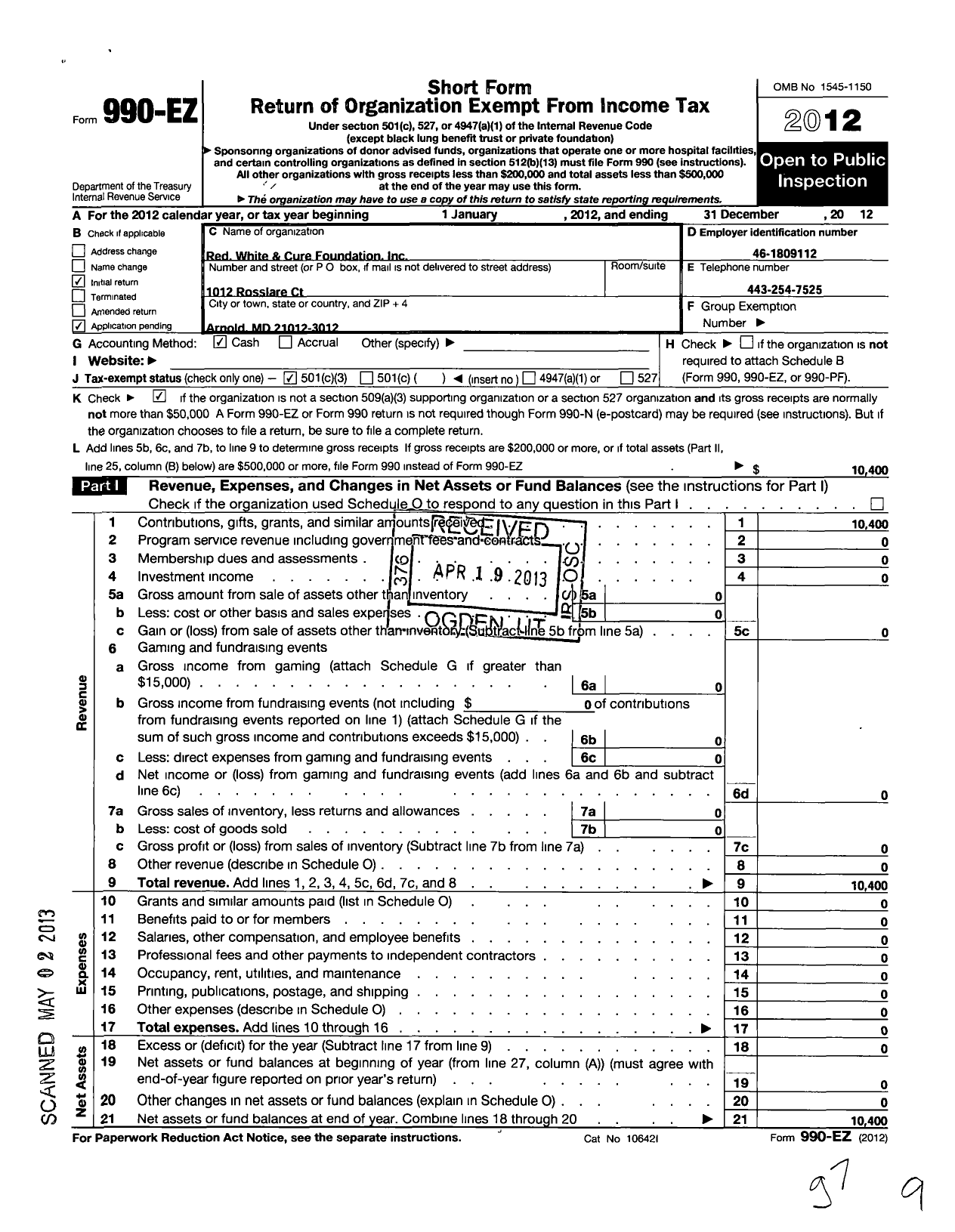 Image of first page of 2012 Form 990EZ for Red White and Cure Foundation