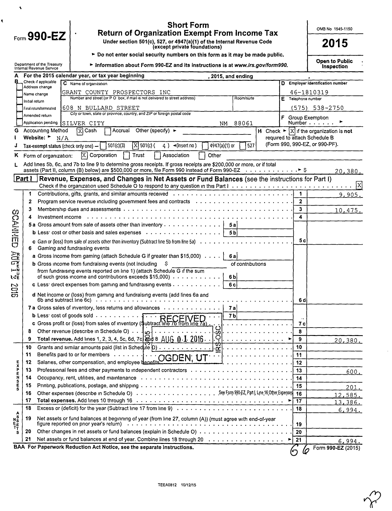 Image of first page of 2015 Form 990EO for Grant County Prospectors