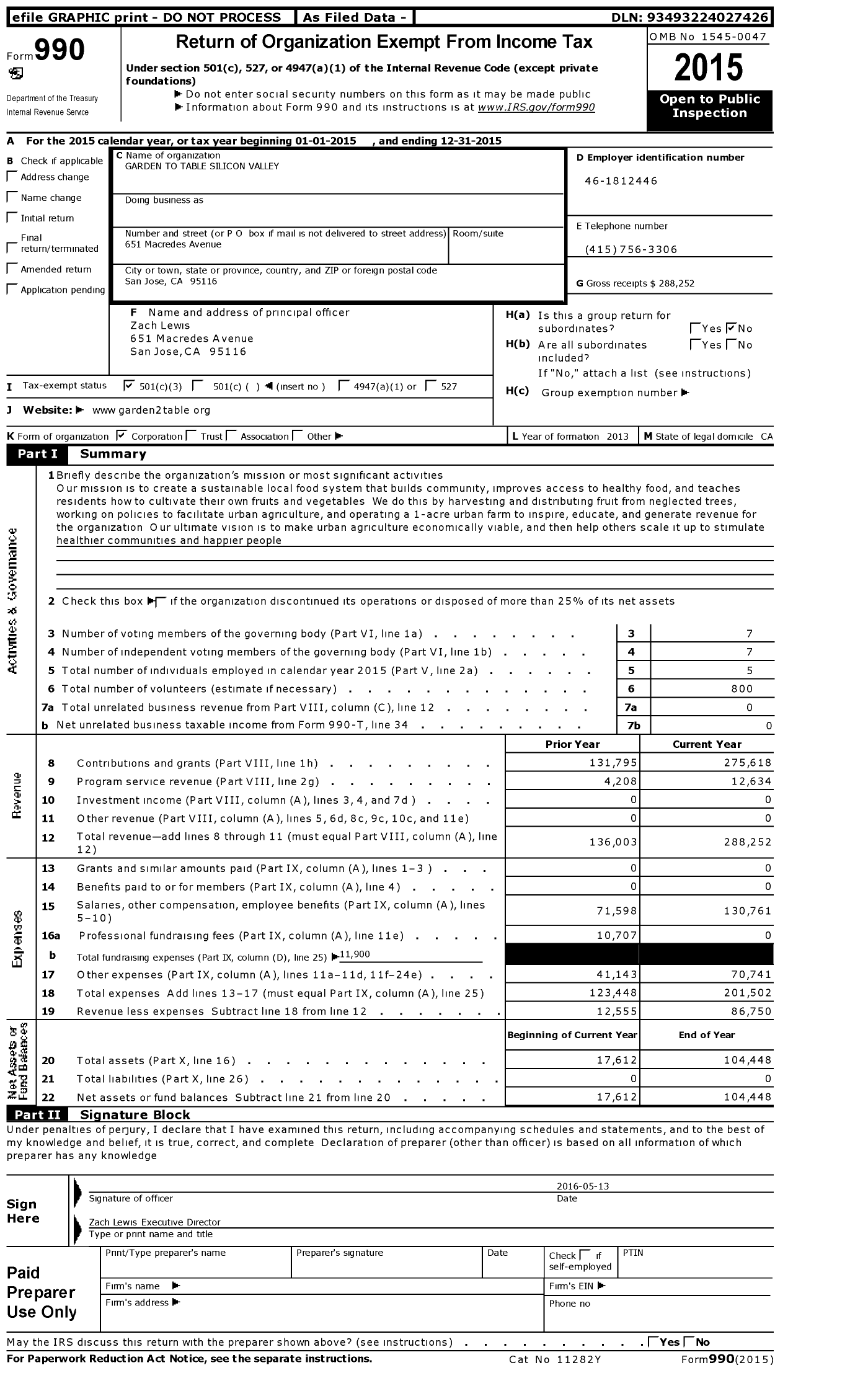 Image of first page of 2015 Form 990 for Garden to Table Silicon Valley