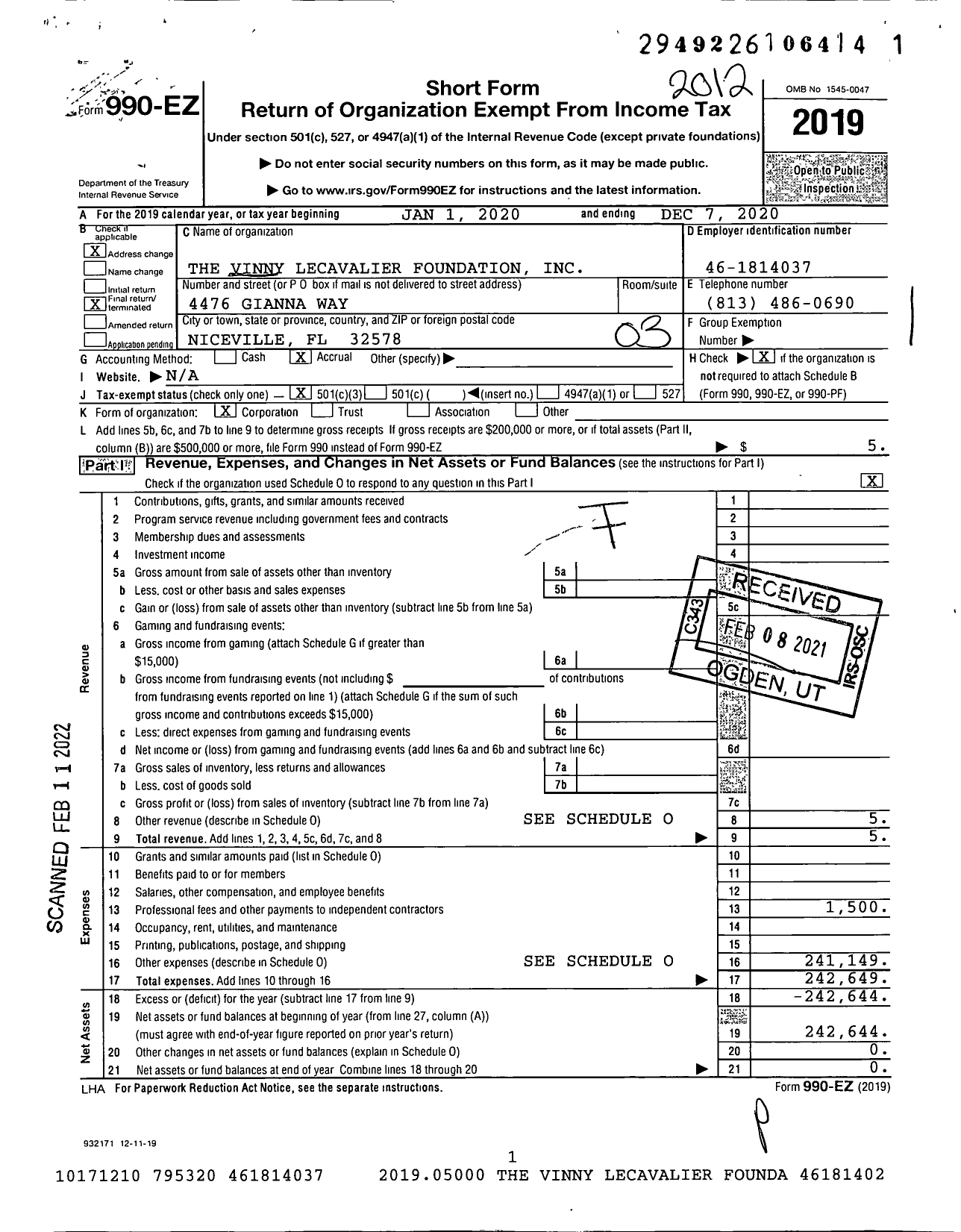Image of first page of 2020 Form 990EZ for The Vinny Lecavalier Foundation