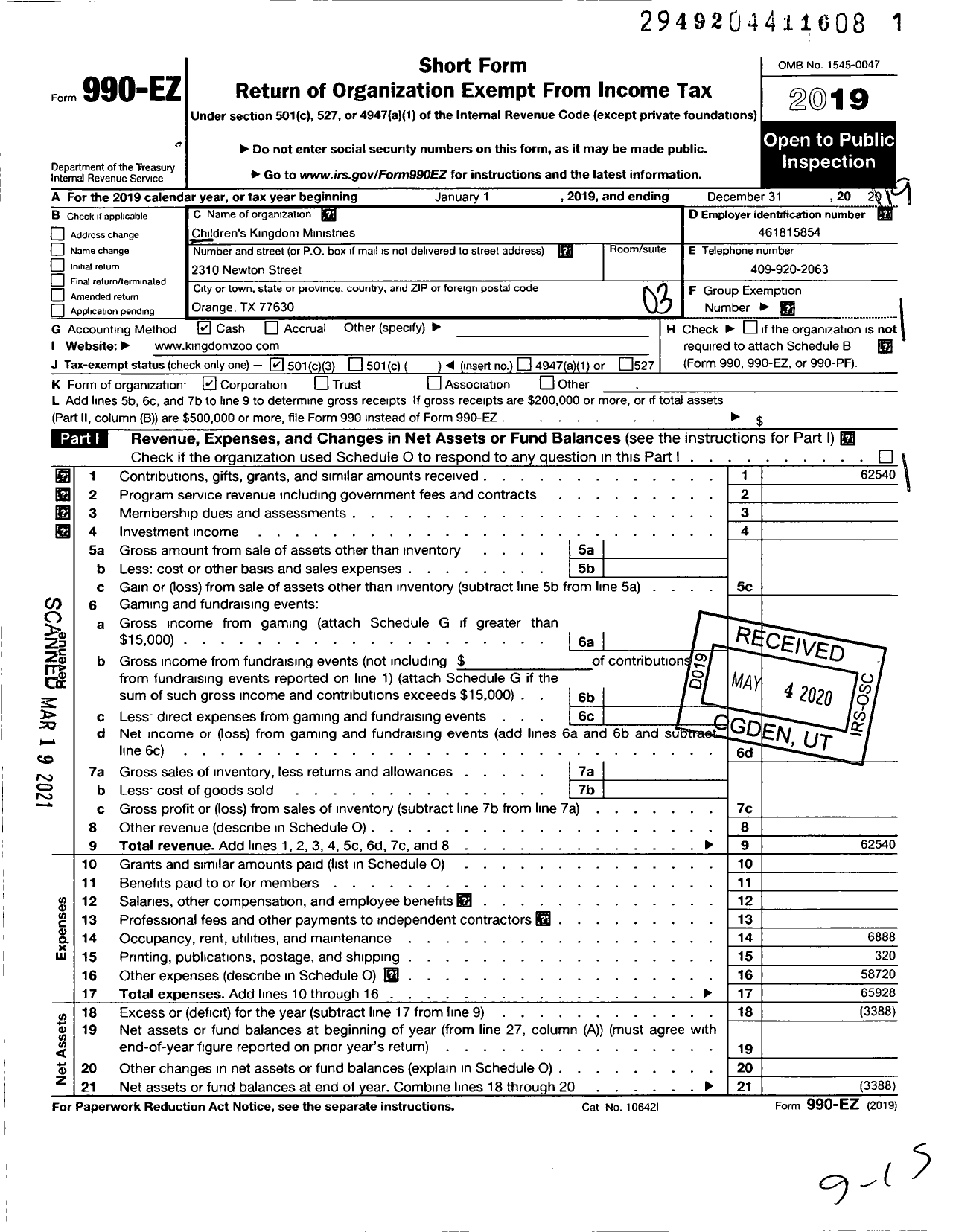 Image of first page of 2019 Form 990EZ for Childrens Kingdom Ministries