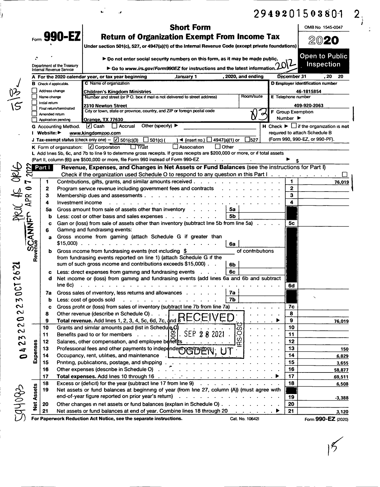 Image of first page of 2020 Form 990EZ for Childrens Kingdom Ministries