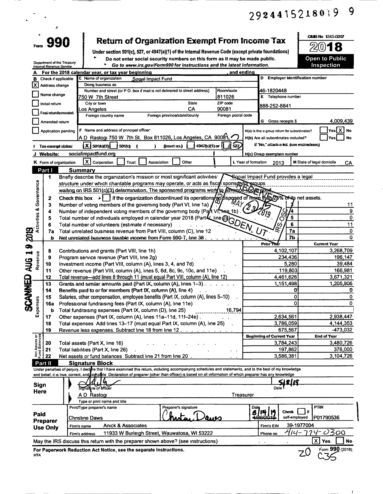 Image of first page of 2018 Form 990 for Social Impact Fund