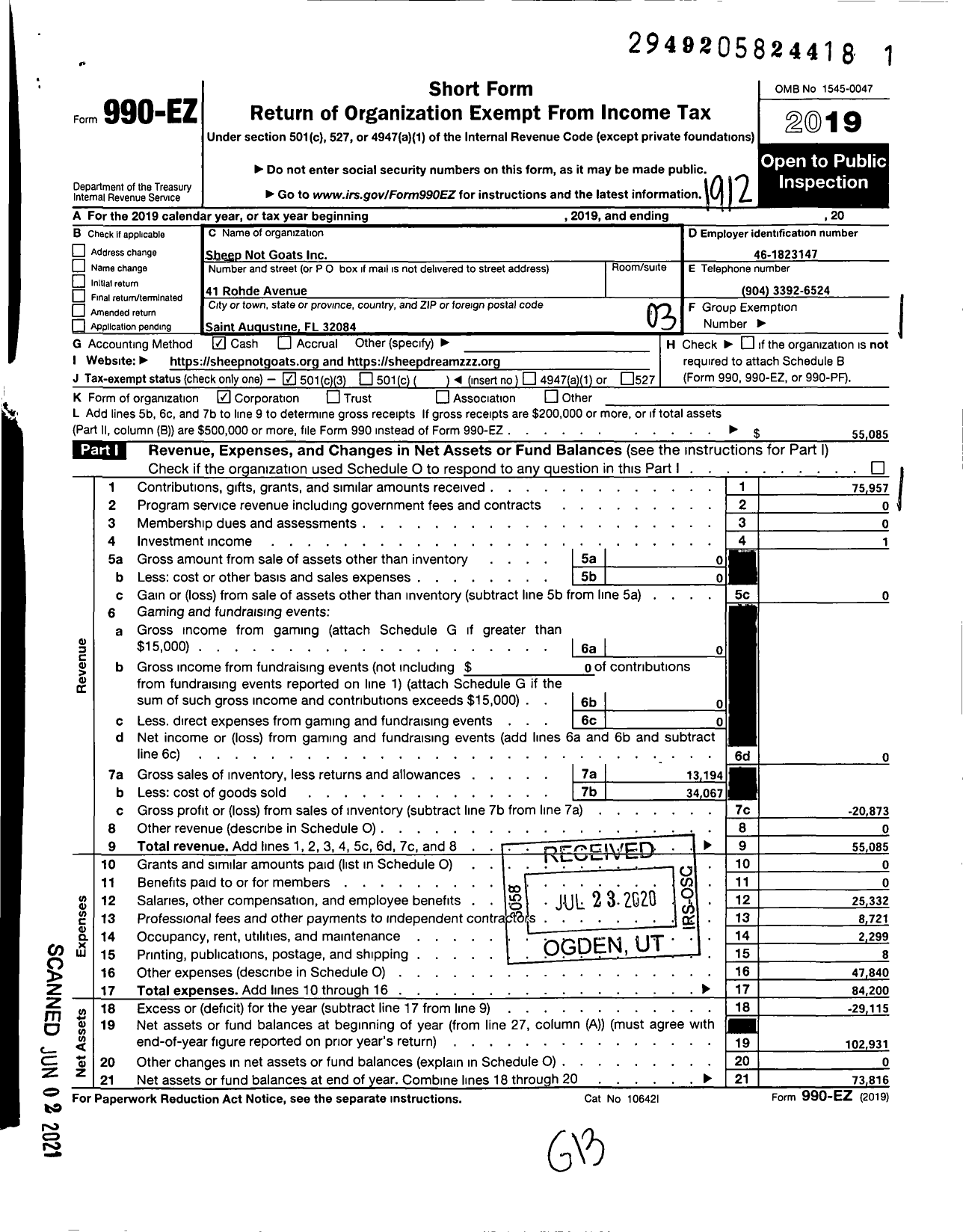 Image of first page of 2019 Form 990EZ for Sheep Not Goats