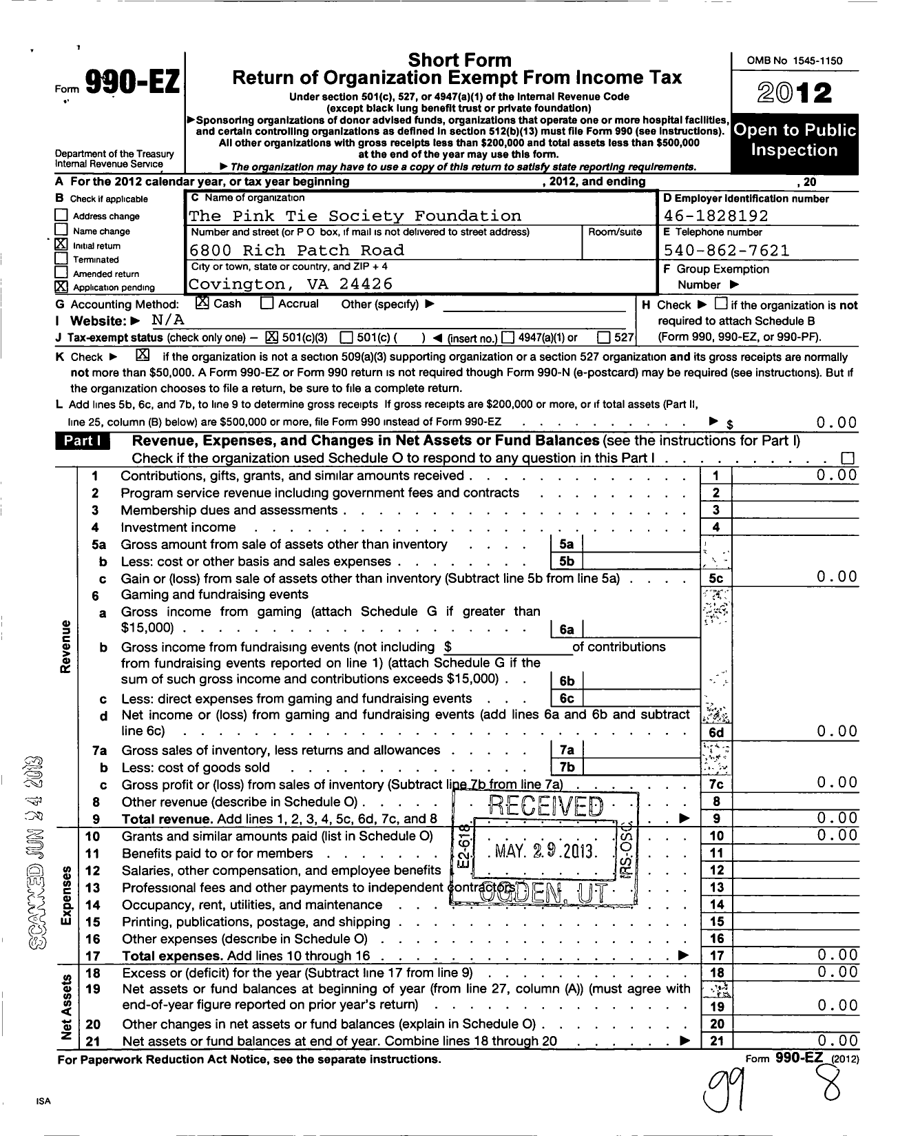 Image of first page of 2012 Form 990EZ for The Pink Tie Society Foundation