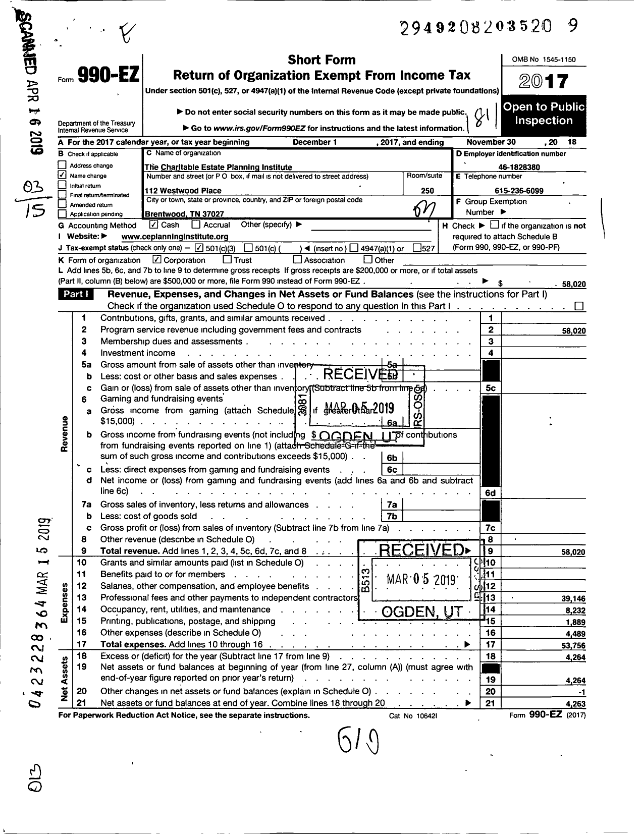 Image of first page of 2017 Form 990EZ for The Charitable Estate Planning Institute