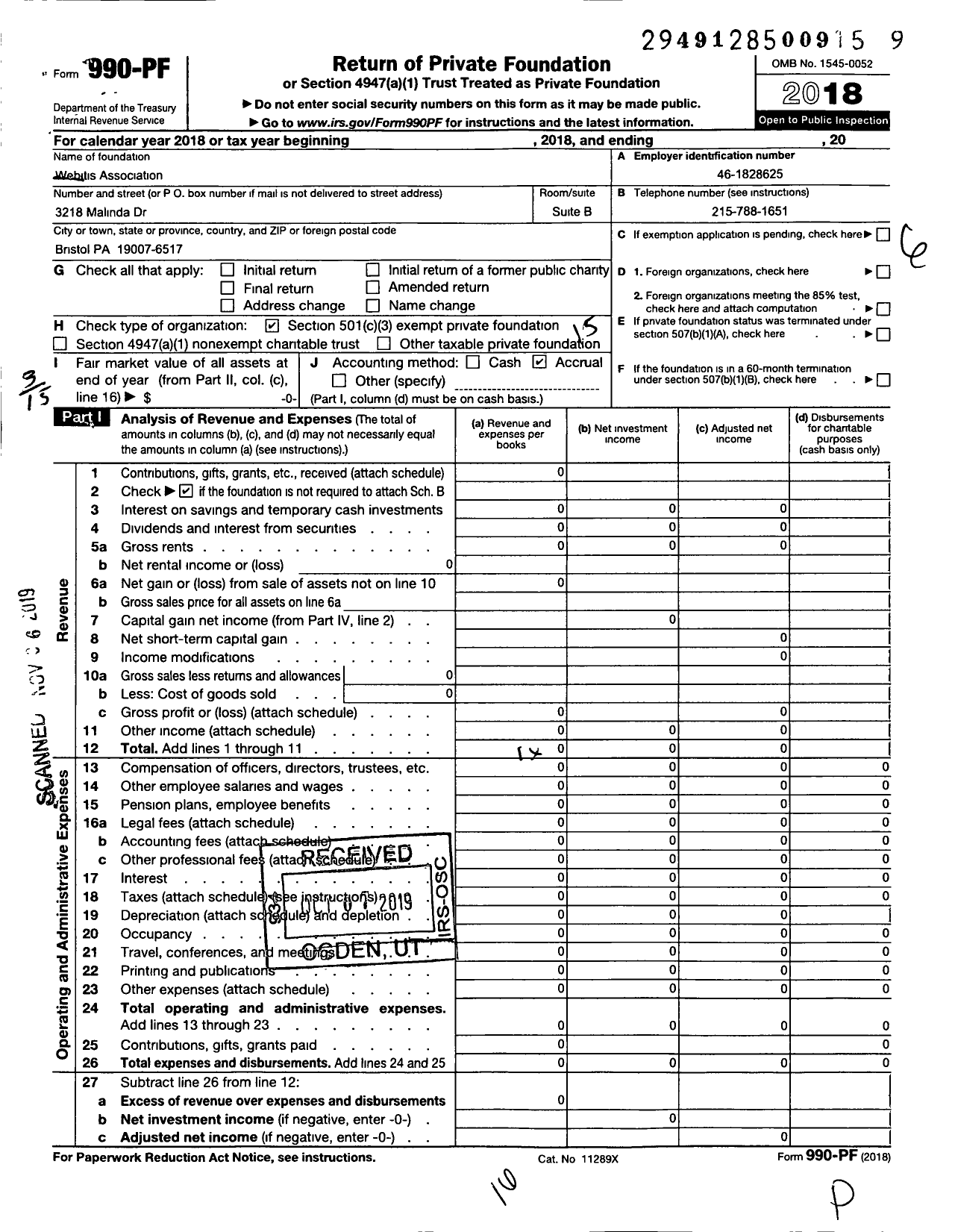 Image of first page of 2018 Form 990PF for Webitis Association