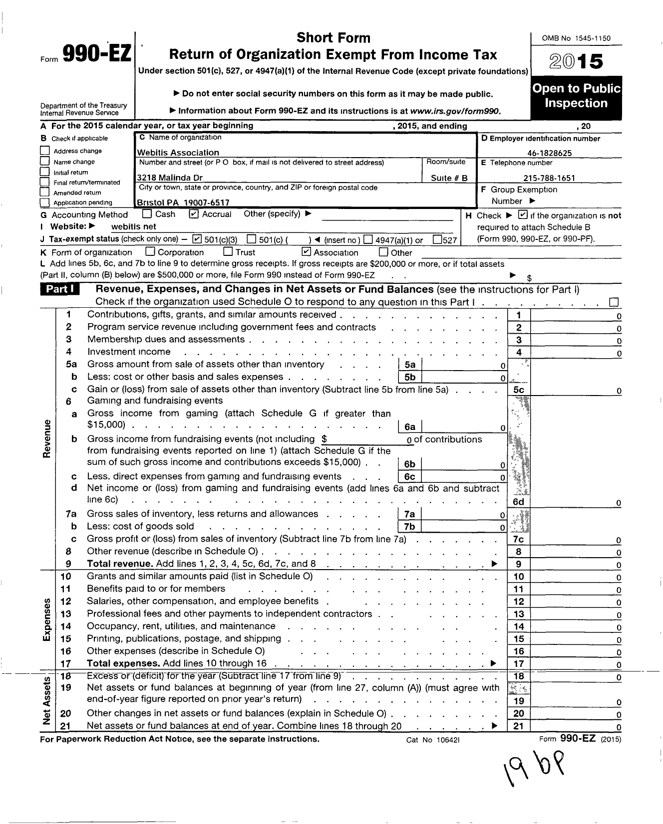 Image of first page of 2015 Form 990EZ for Webitis Association