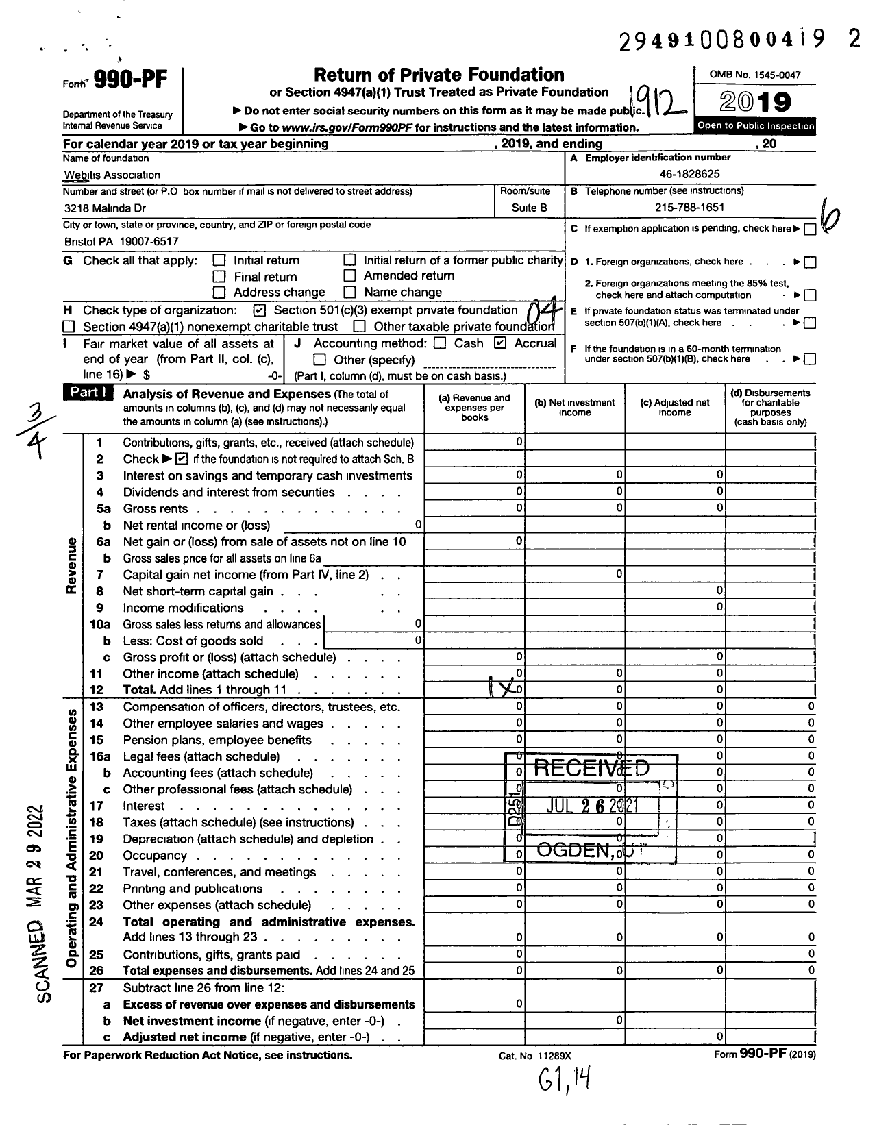 Image of first page of 2019 Form 990PF for Webitis Association