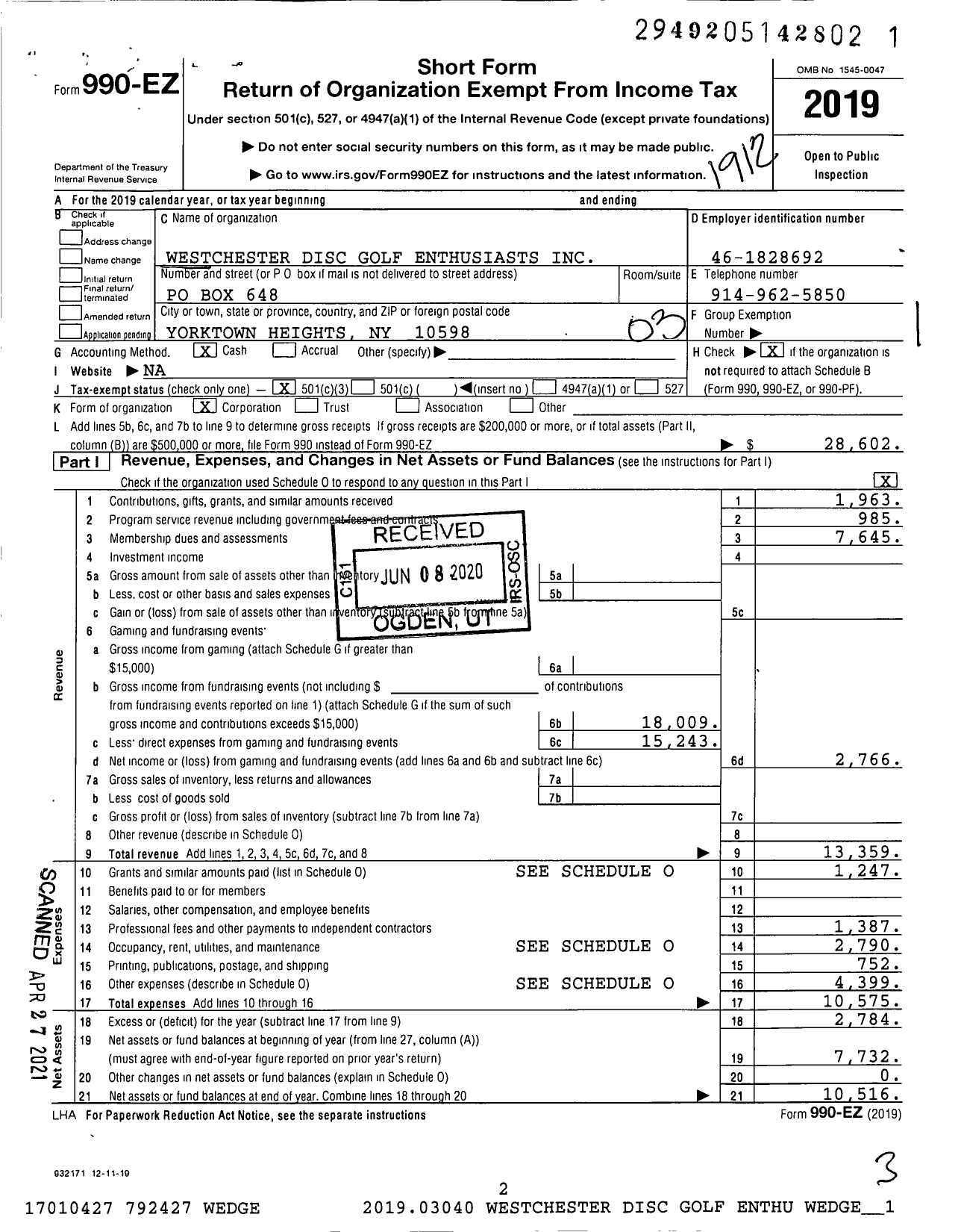 Image of first page of 2019 Form 990EZ for Westchester Disc Golf Enthusiasts