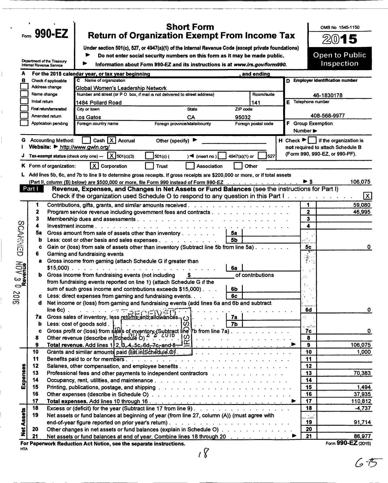 Image of first page of 2015 Form 990EZ for Global Womens Leadership Network