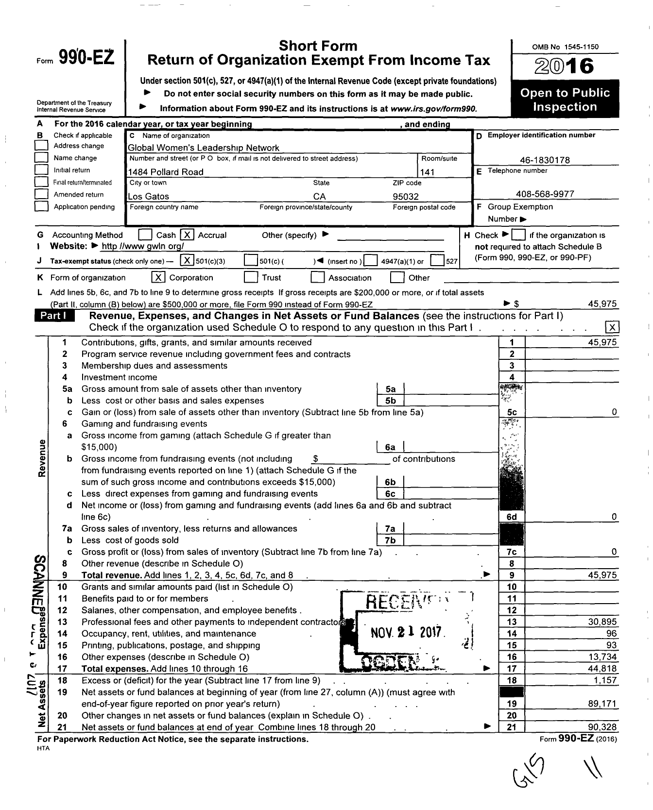 Image of first page of 2016 Form 990EZ for Global Womens Leadership Network