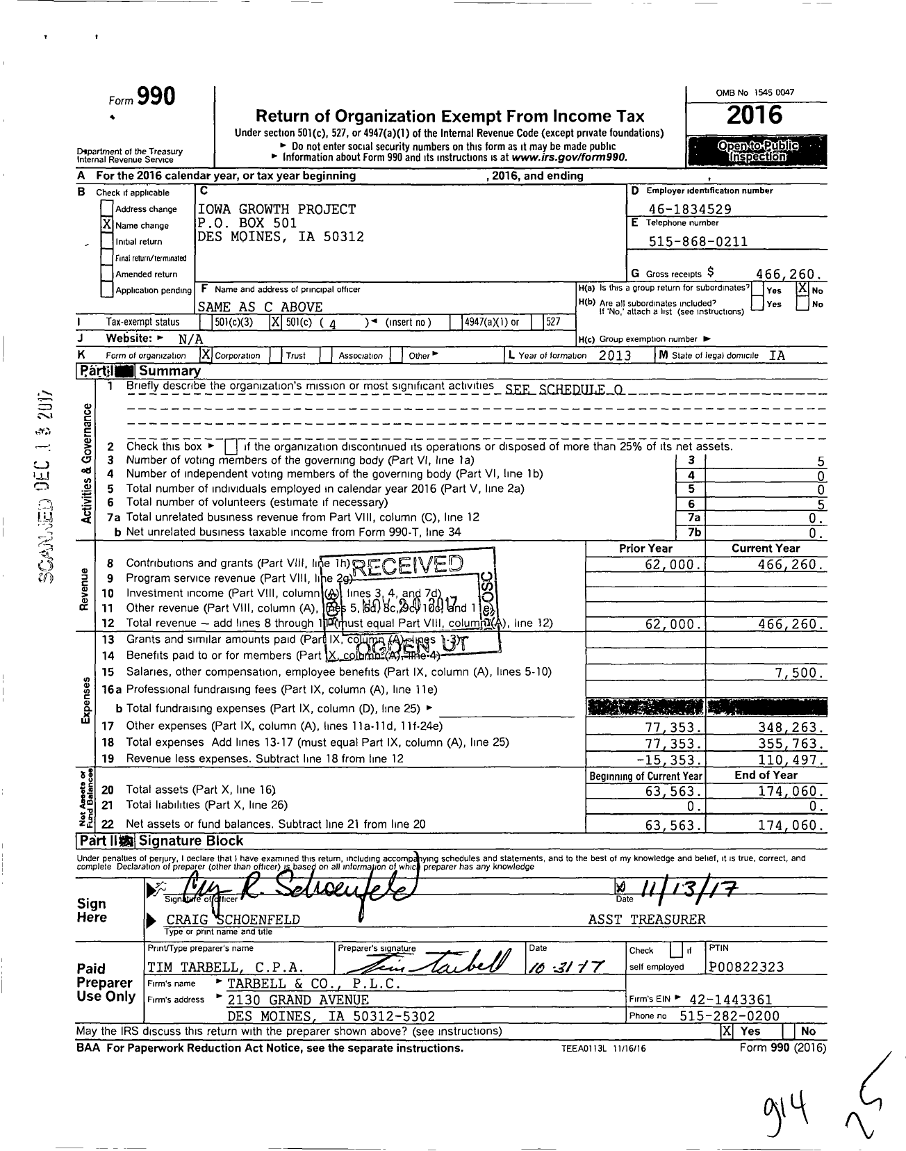 Image of first page of 2016 Form 990O for Iowa Growth Project