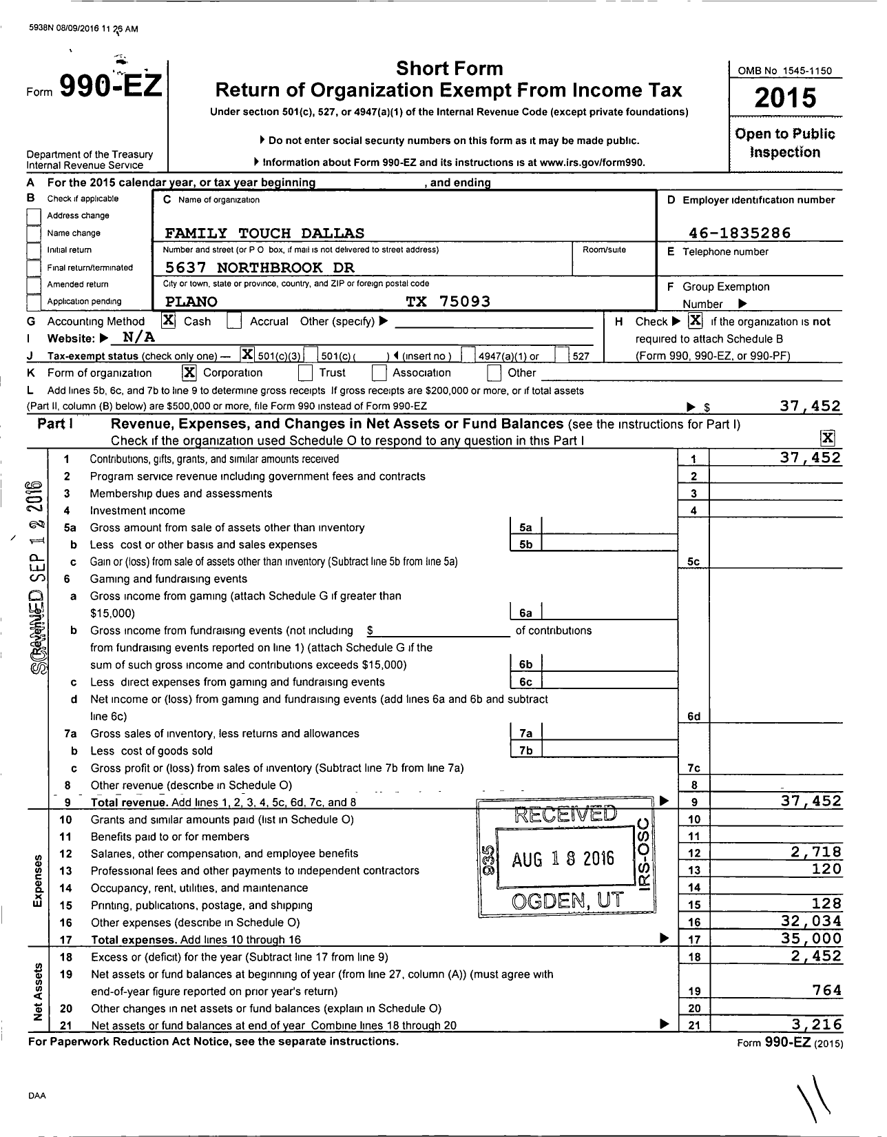 Image of first page of 2015 Form 990EZ for Korean Mom's K-Mom'S