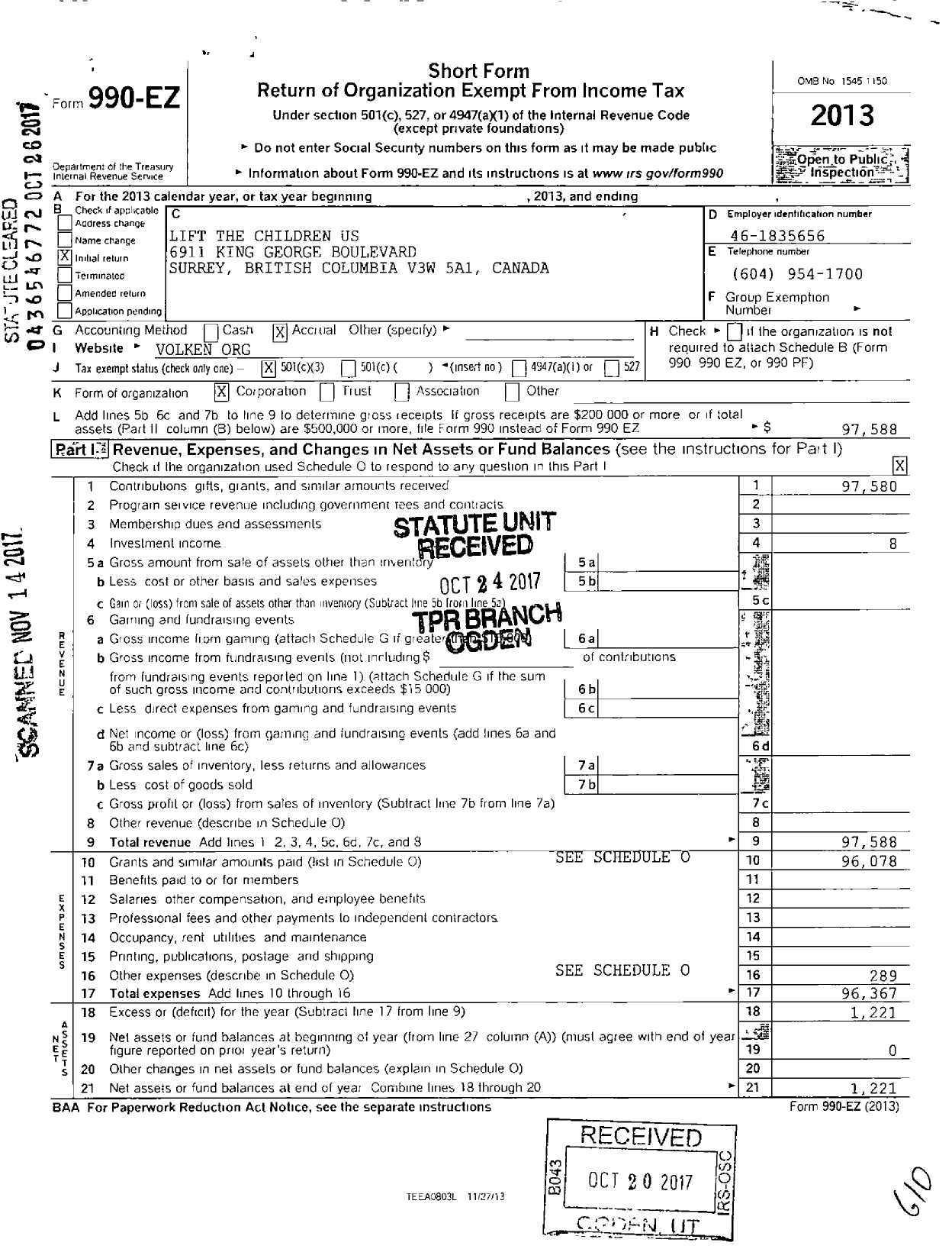 Image of first page of 2013 Form 990EZ for Lift the Children Us