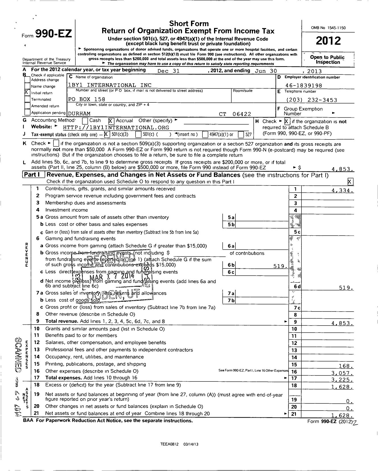 Image of first page of 2012 Form 990EZ for 1by1 International