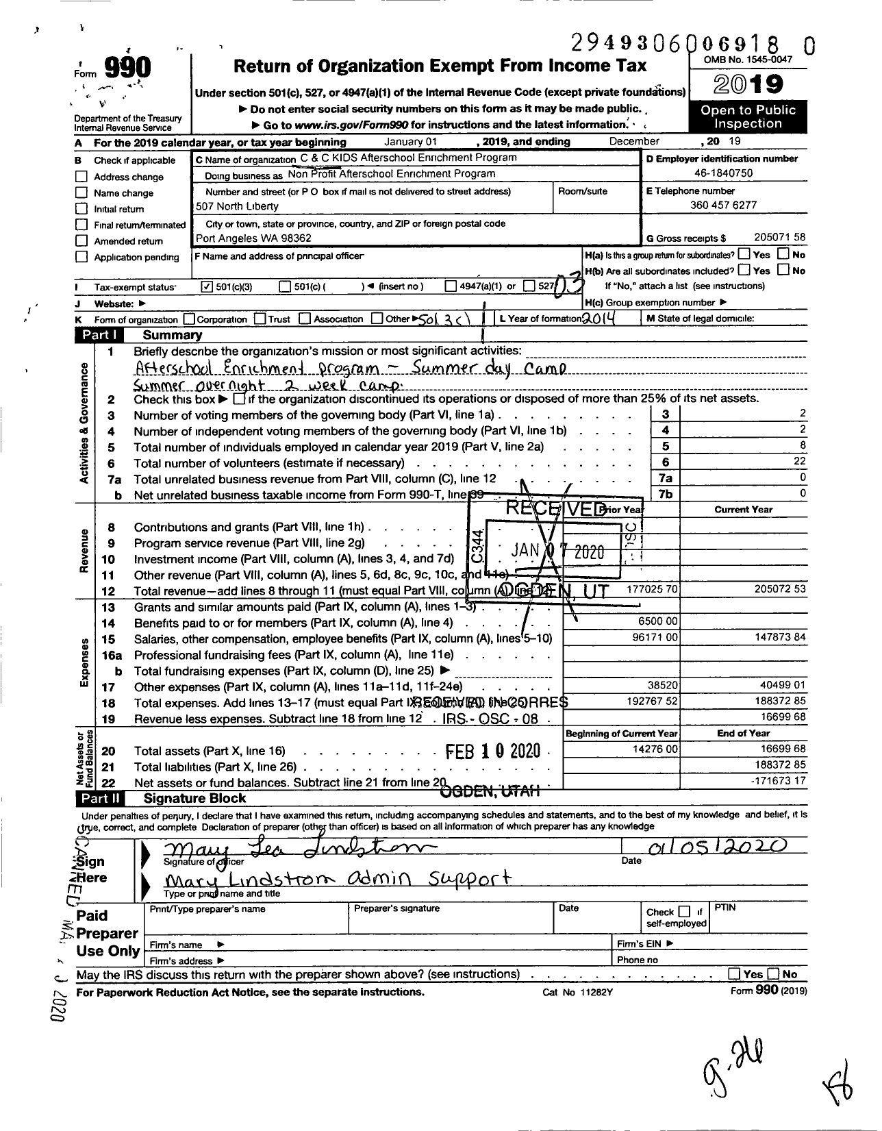 Image of first page of 2019 Form 990 for C and C Kids afterschool School Enrichment