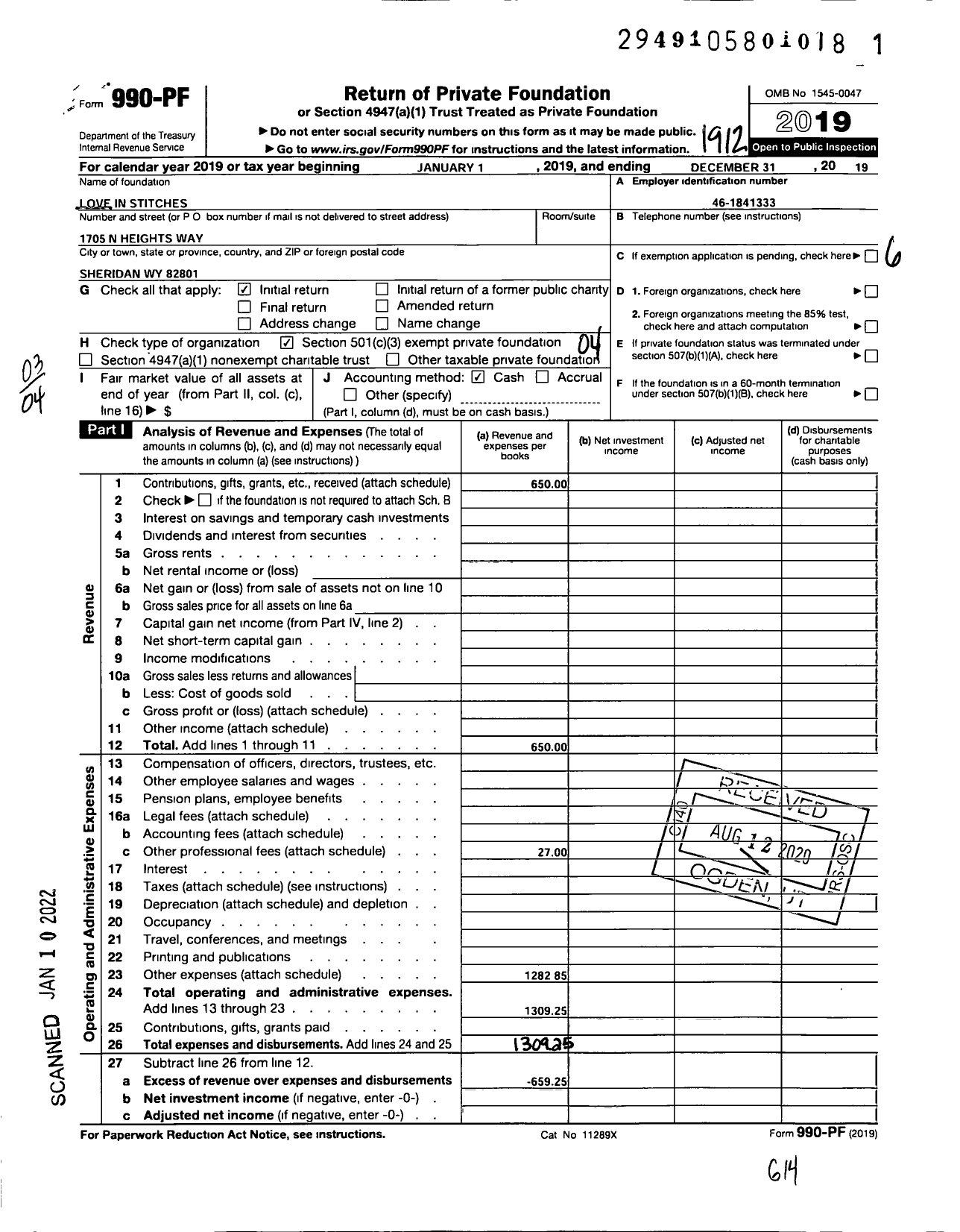 Image of first page of 2019 Form 990PF for Love in Stitches