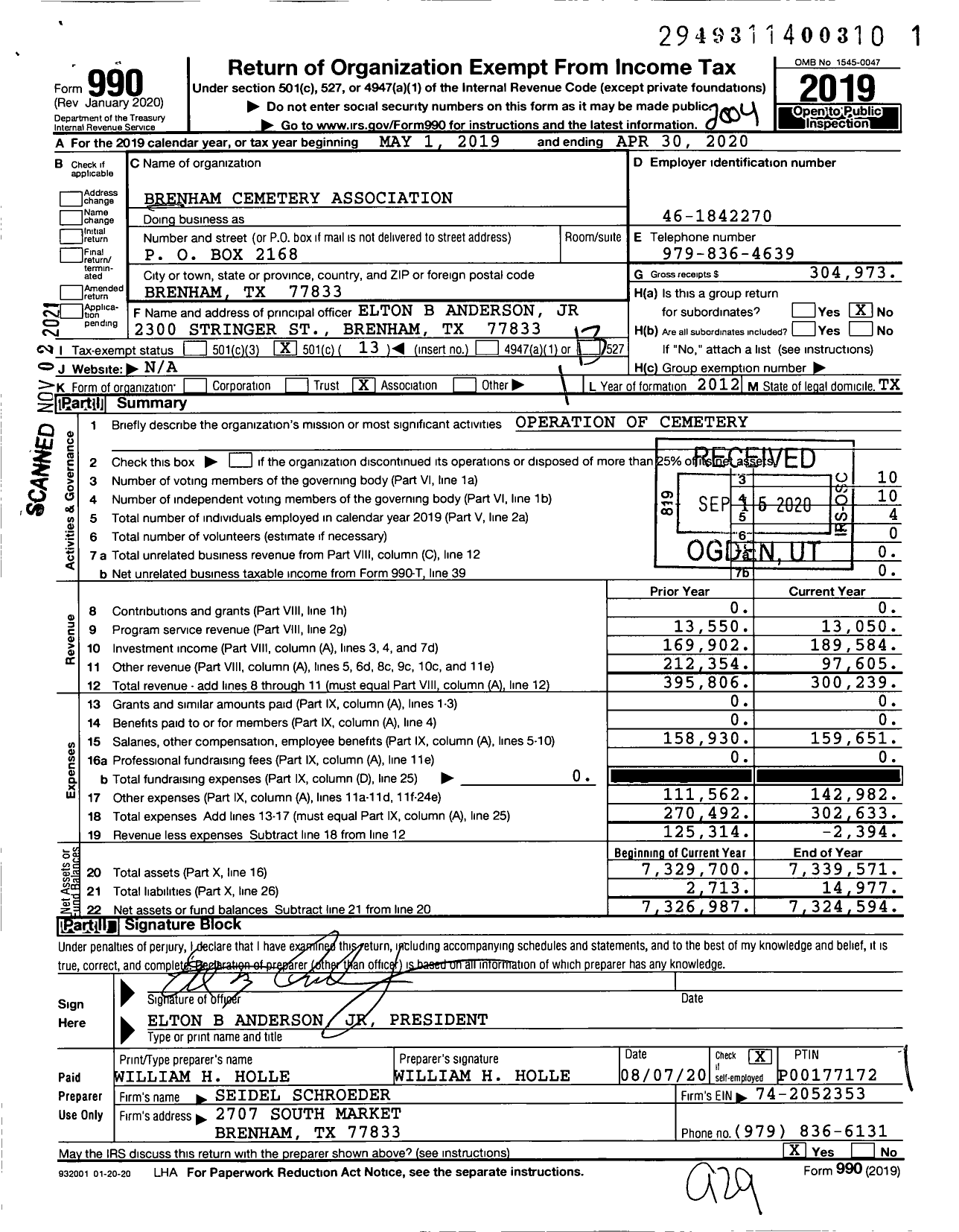 Image of first page of 2019 Form 990O for Brenham Cemetery Association / Prairie Lea Cemetery