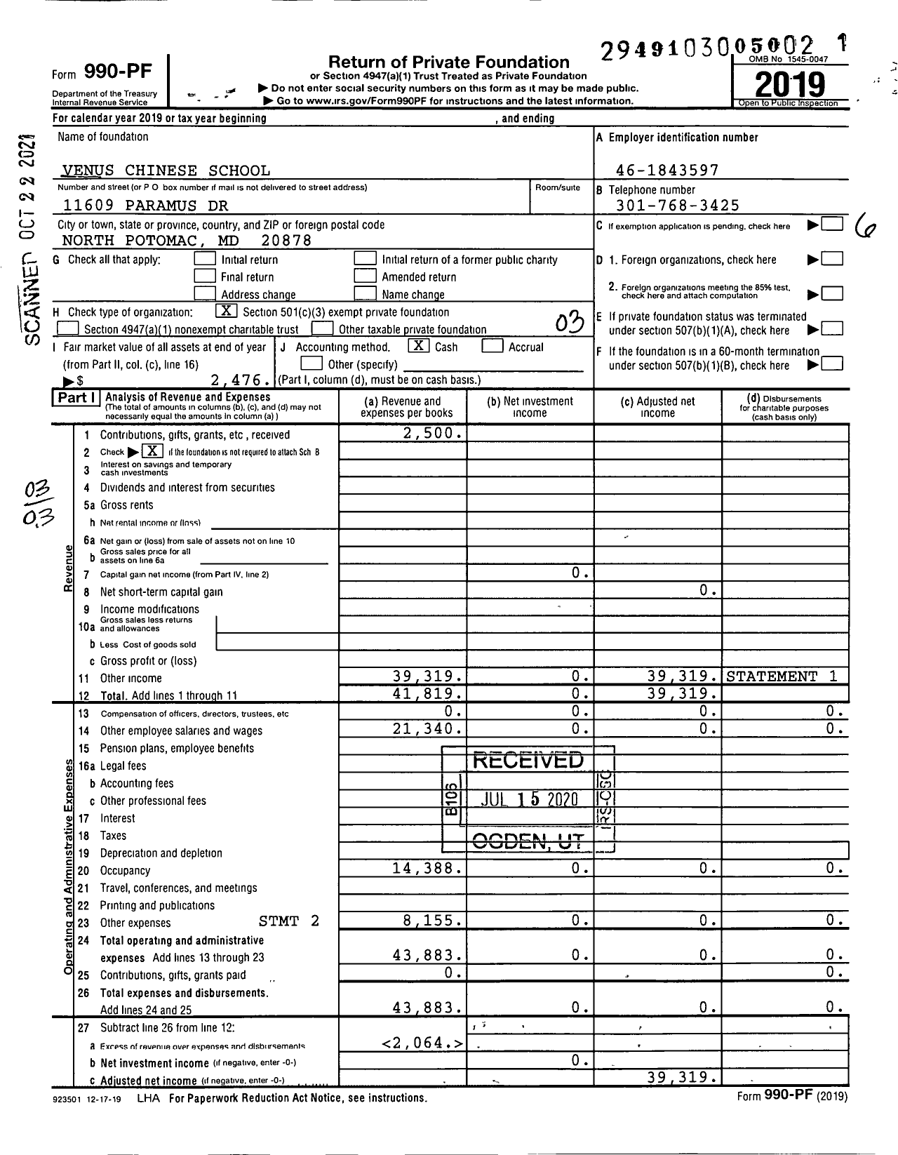 Image of first page of 2019 Form 990PF for Venus Chinese School