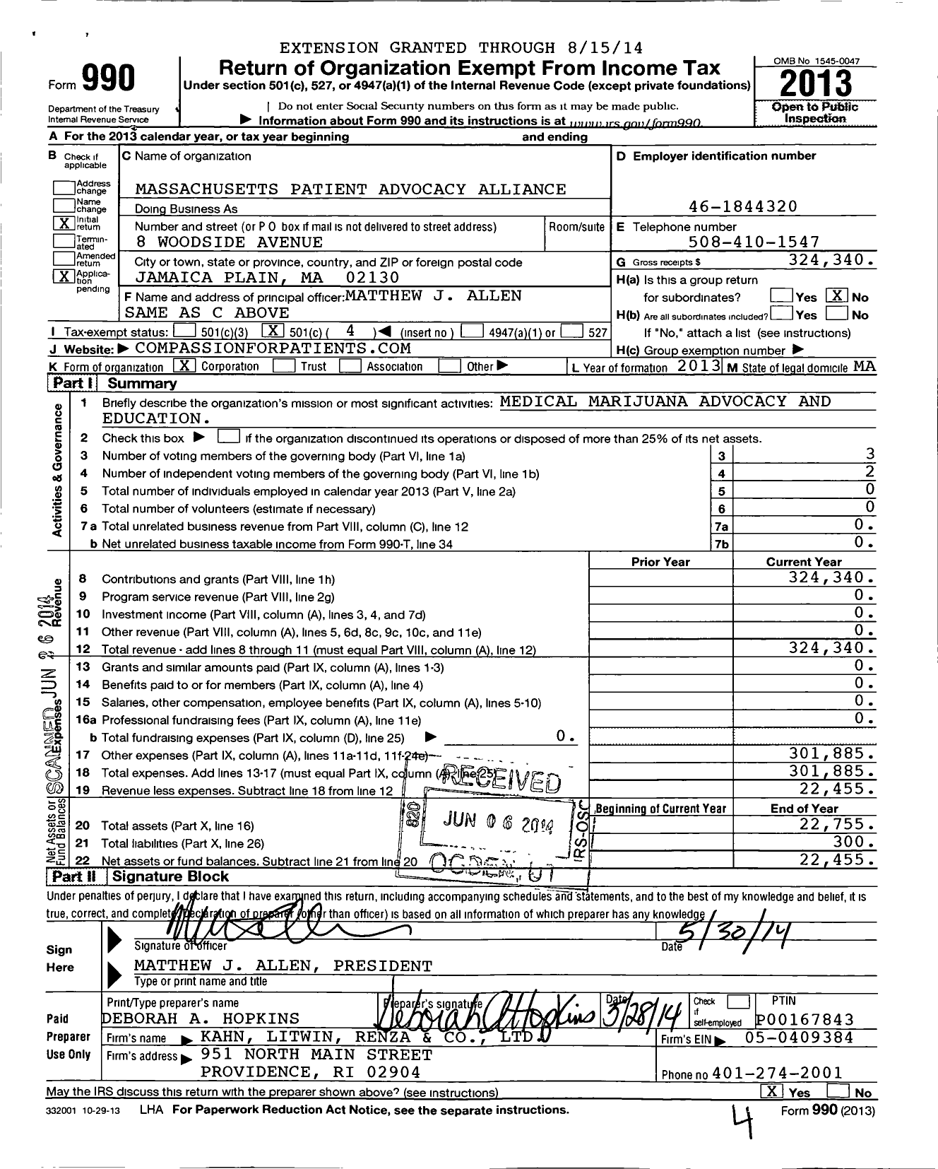 Image of first page of 2013 Form 990O for Massachusetts Patient Advocacy Alliance