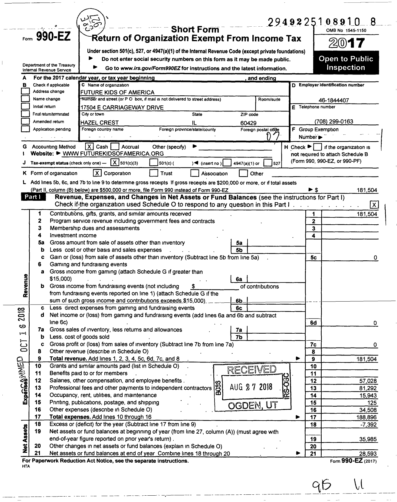 Image of first page of 2017 Form 990EZ for Future Kids of America