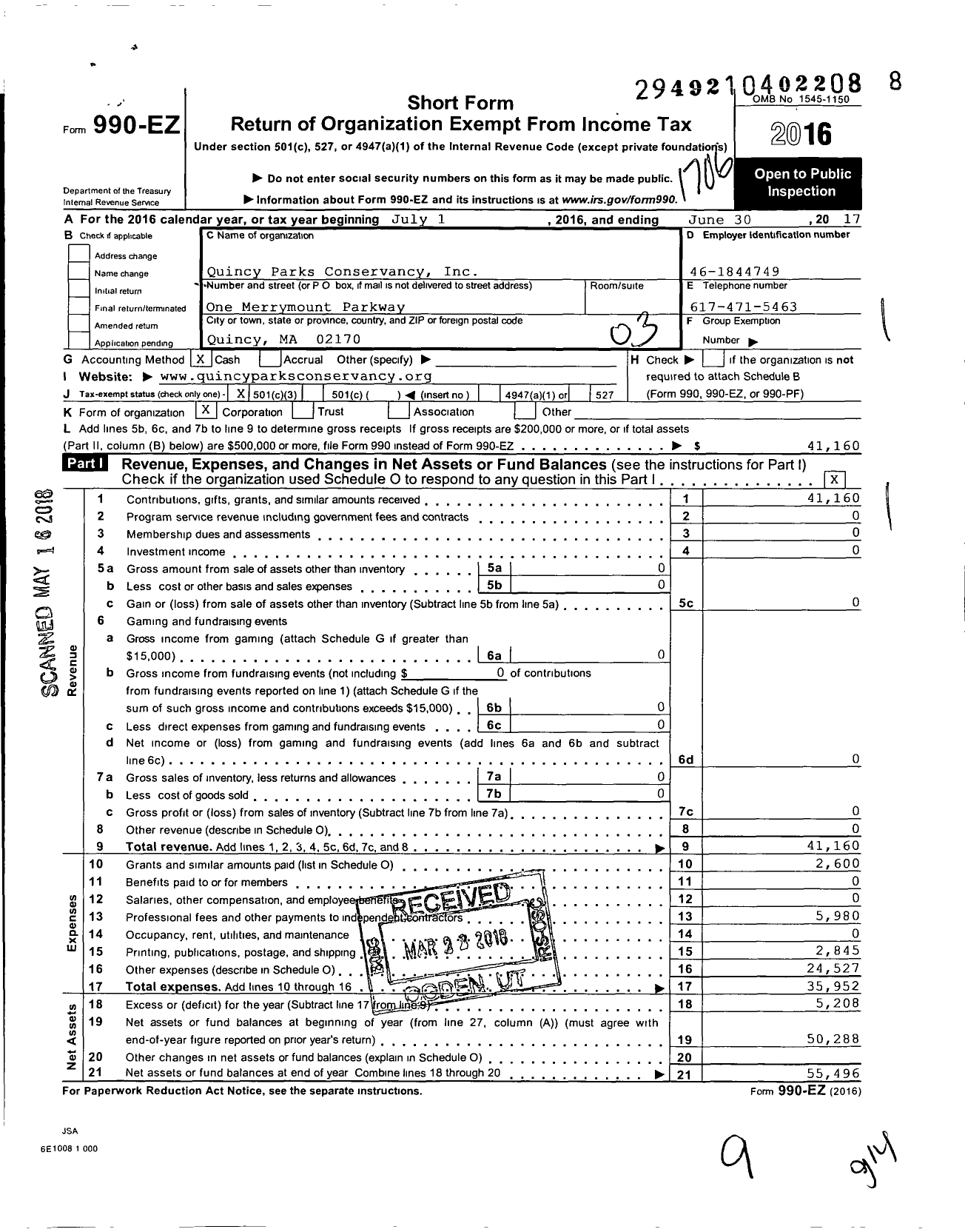 Image of first page of 2016 Form 990EZ for Quincy Parks Conservancy