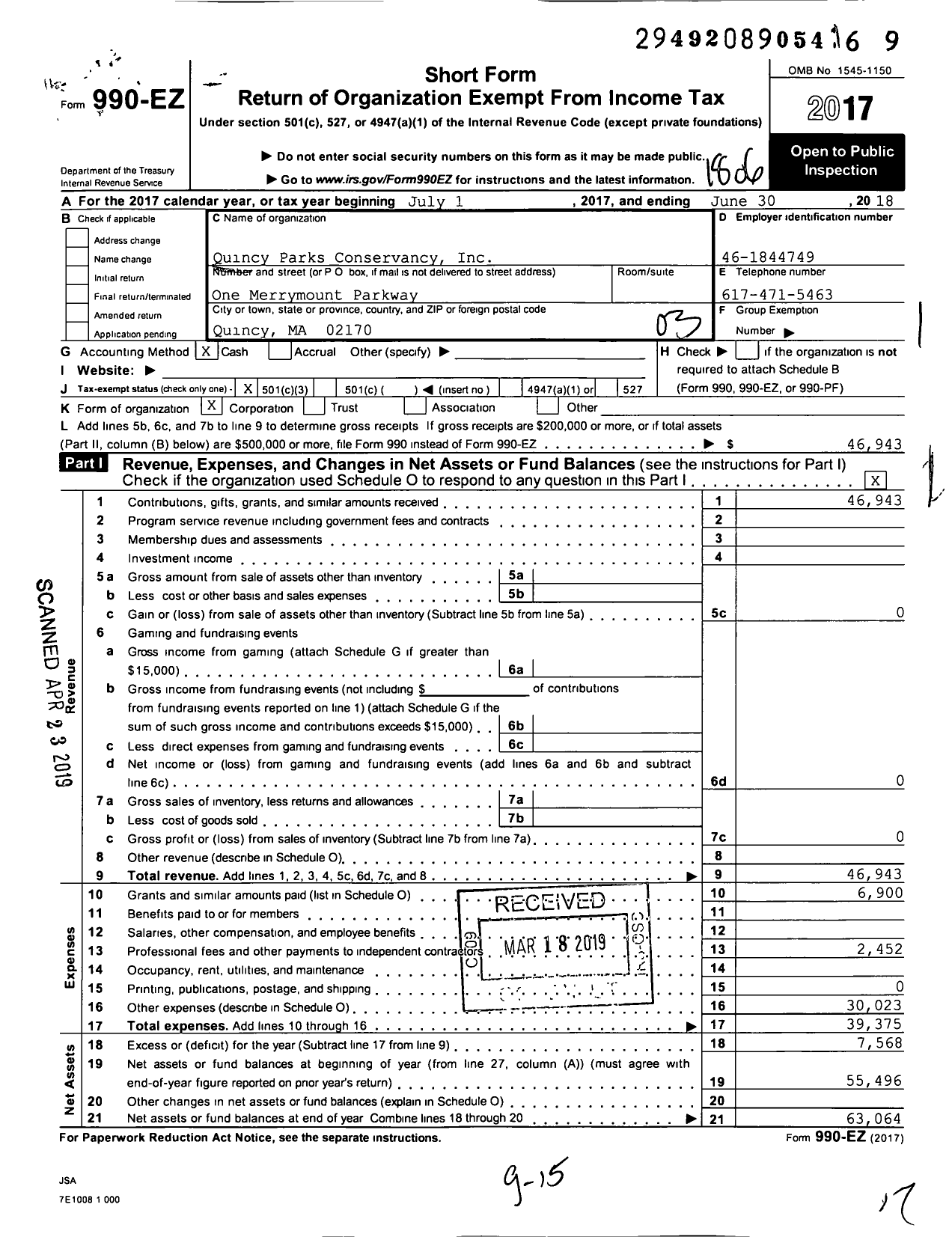 Image of first page of 2017 Form 990EZ for Quincy Parks Conservancy