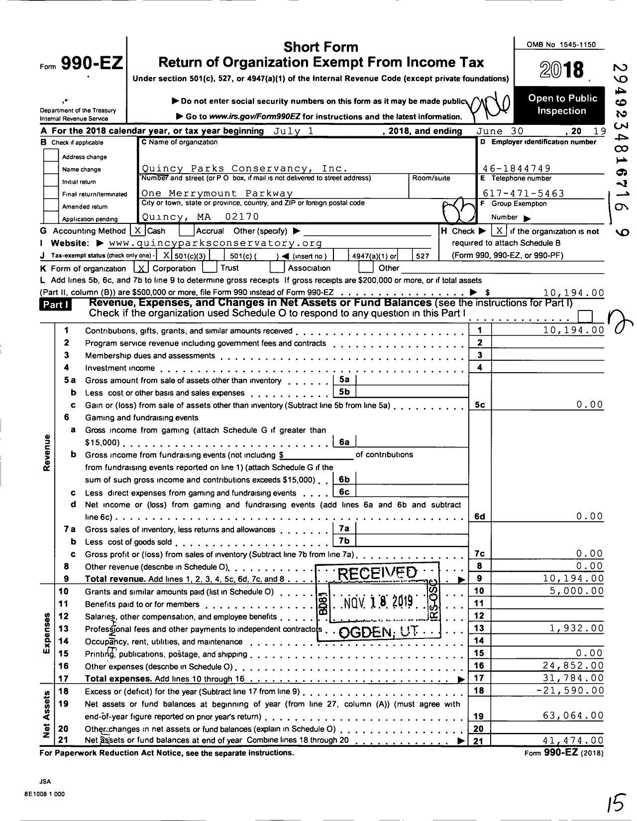 Image of first page of 2018 Form 990EZ for Quincy Parks Conservancy