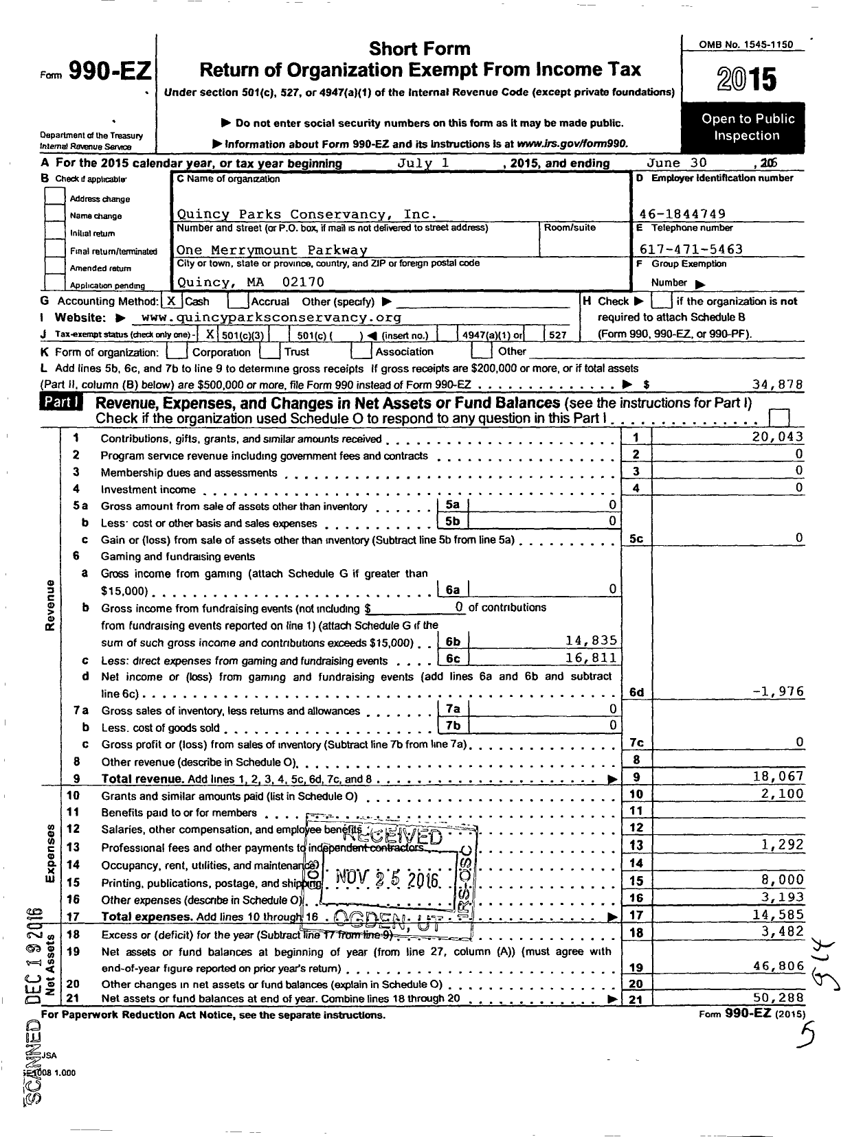 Image of first page of 2015 Form 990EZ for Quincy Parks Conservancy