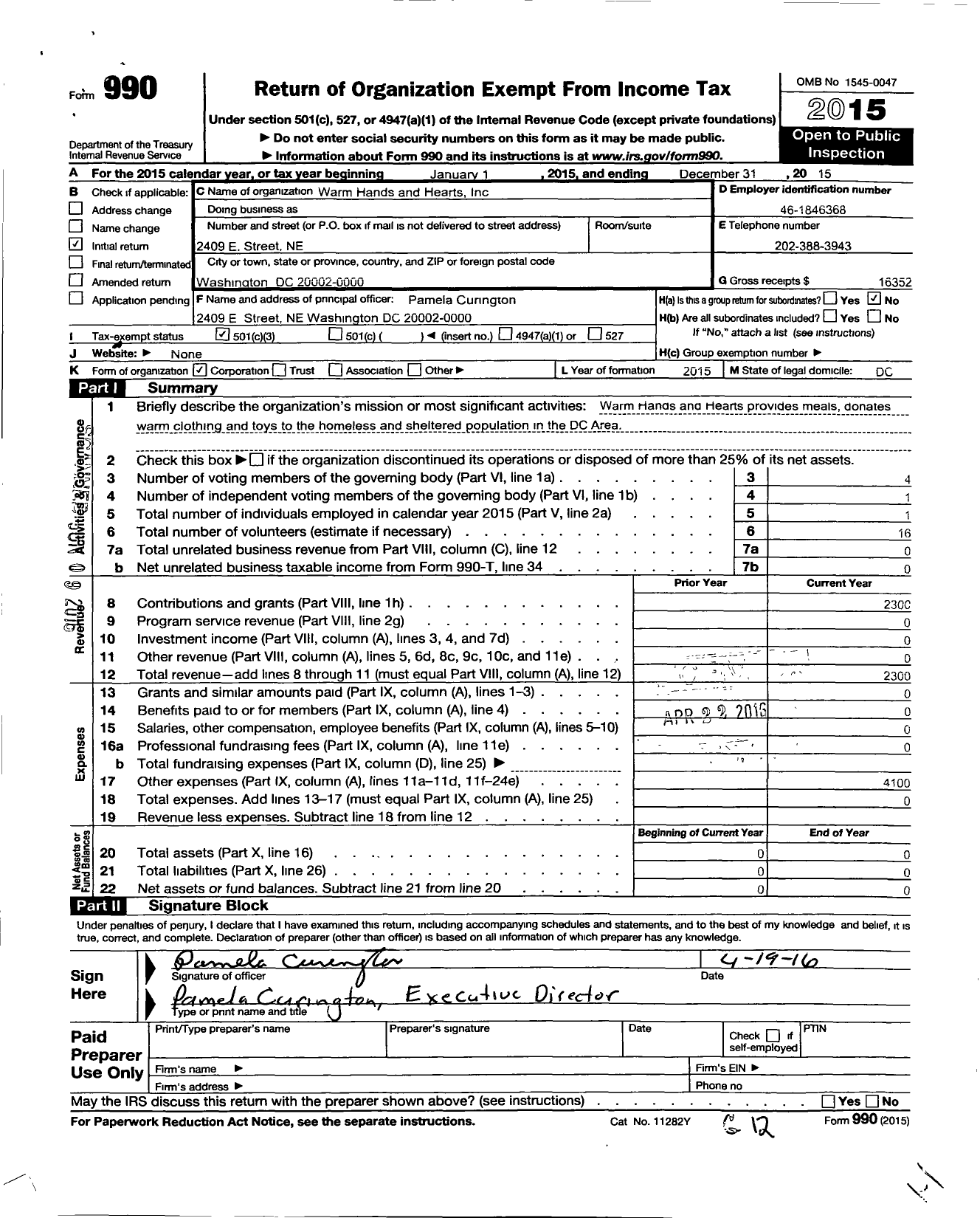 Image of first page of 2015 Form 990 for Warm Hands and Hearts