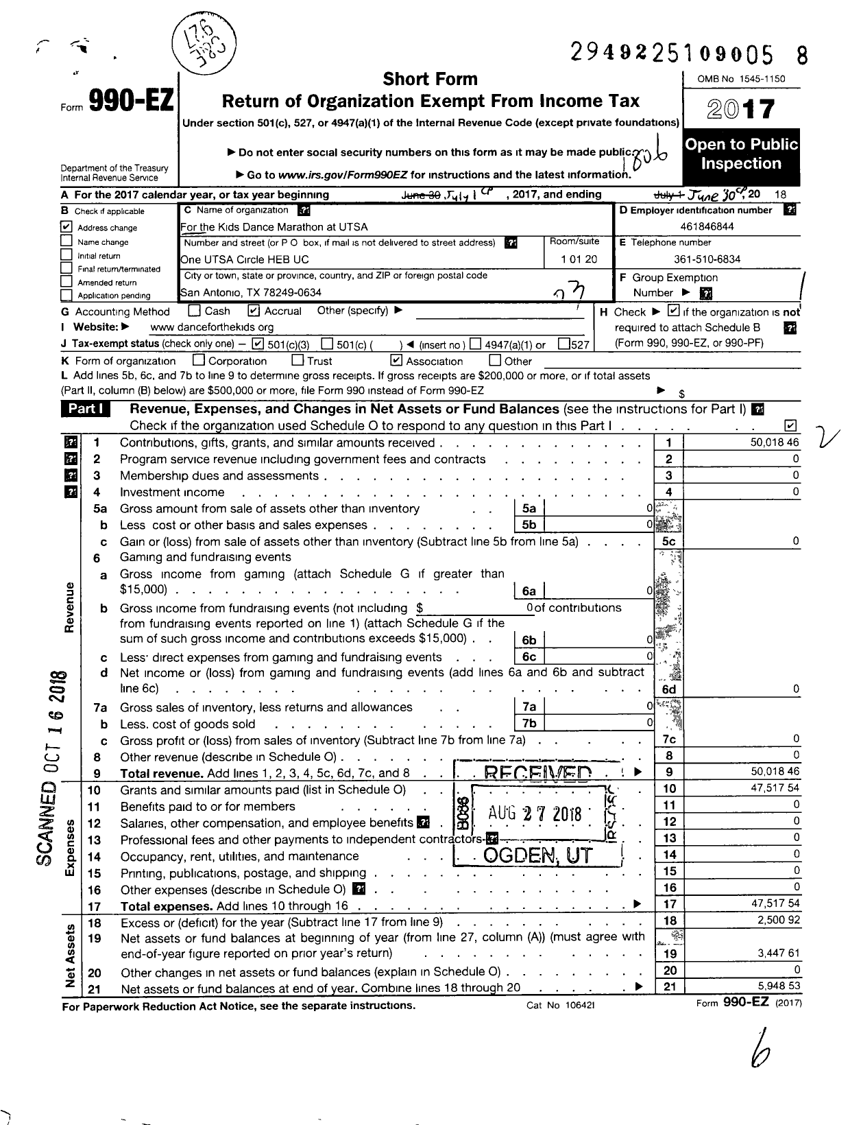 Image of first page of 2017 Form 990EZ for For the Kids Dance Marathon at Utsa