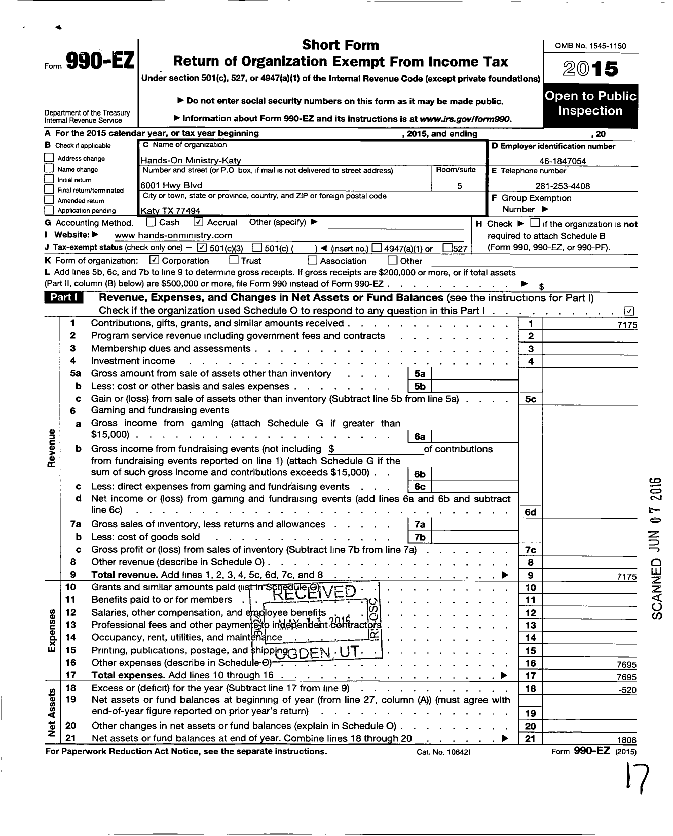 Image of first page of 2015 Form 990EZ for Hands-On Ministry Katy