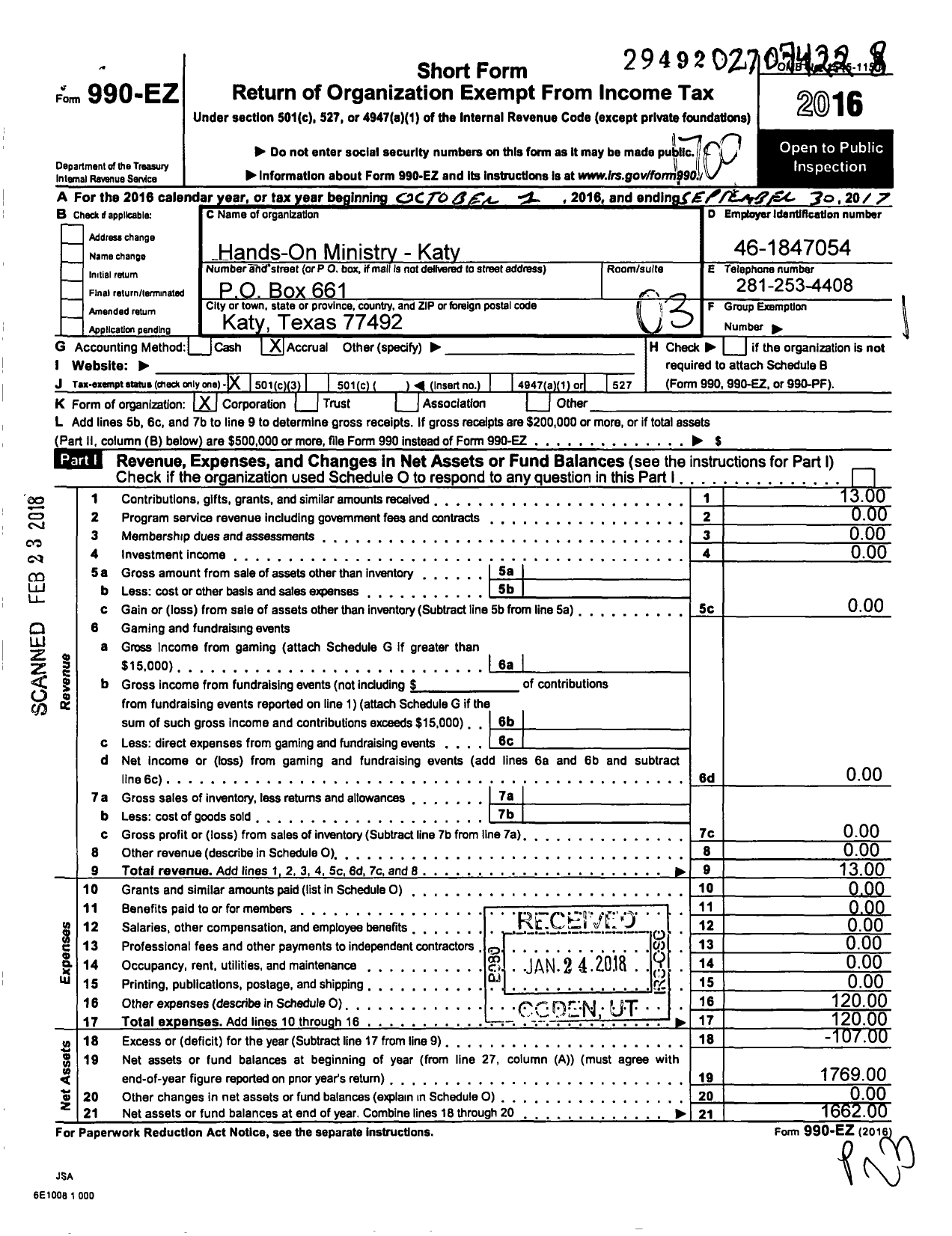 Image of first page of 2016 Form 990EZ for Hands-On Ministry Katy