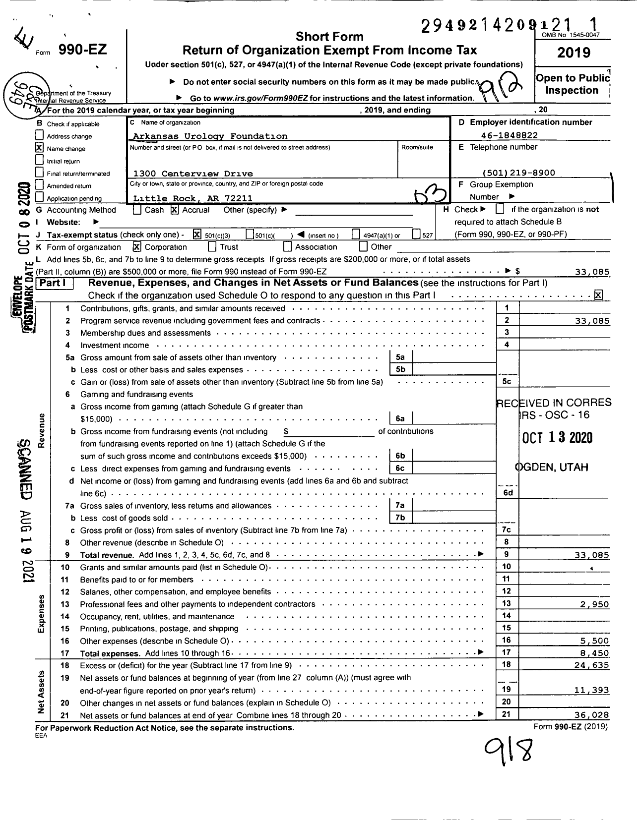 Image of first page of 2019 Form 990EZ for Arkansas Urology Foundation