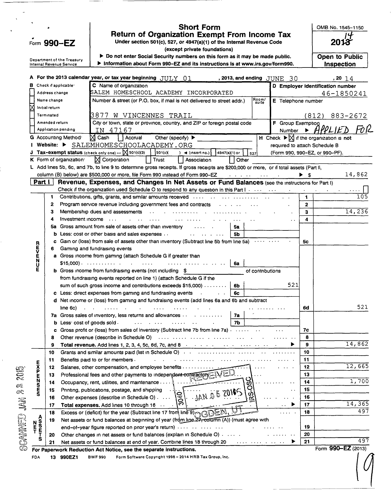 Image of first page of 2013 Form 990EZ for Salem Homeschool Academy Incorporated