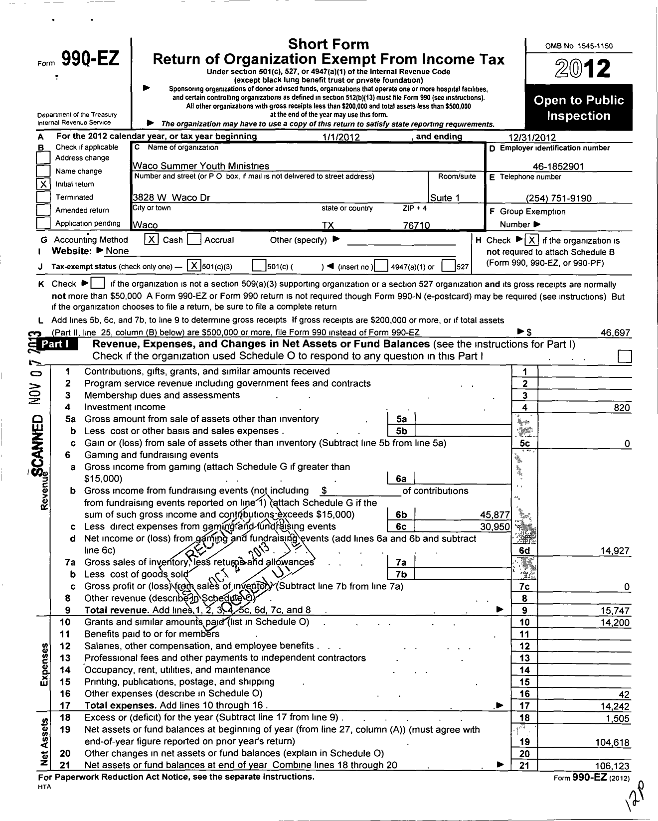 Image of first page of 2012 Form 990EZ for Waco Summer Youth Ministries