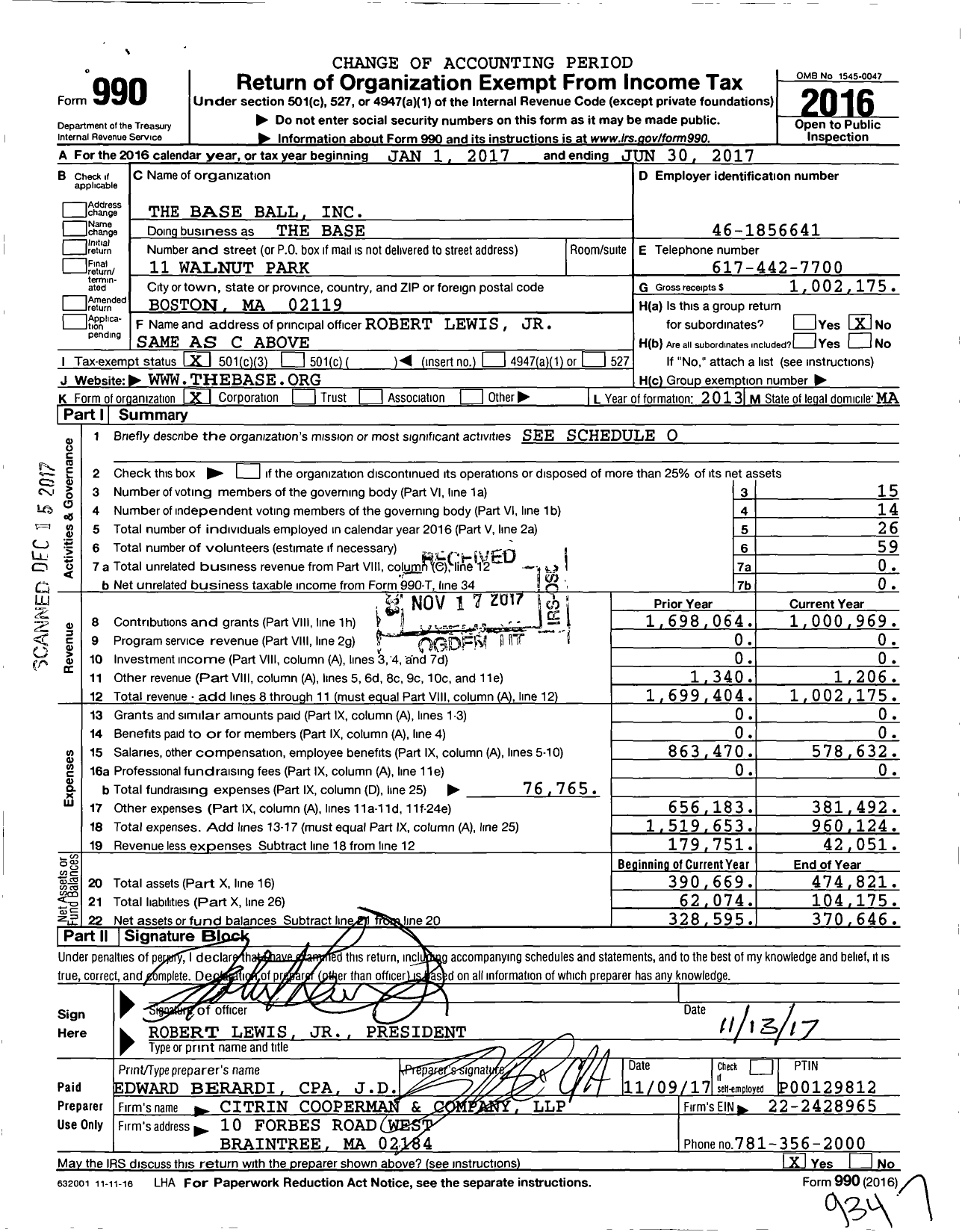 Image of first page of 2016 Form 990 for The Base