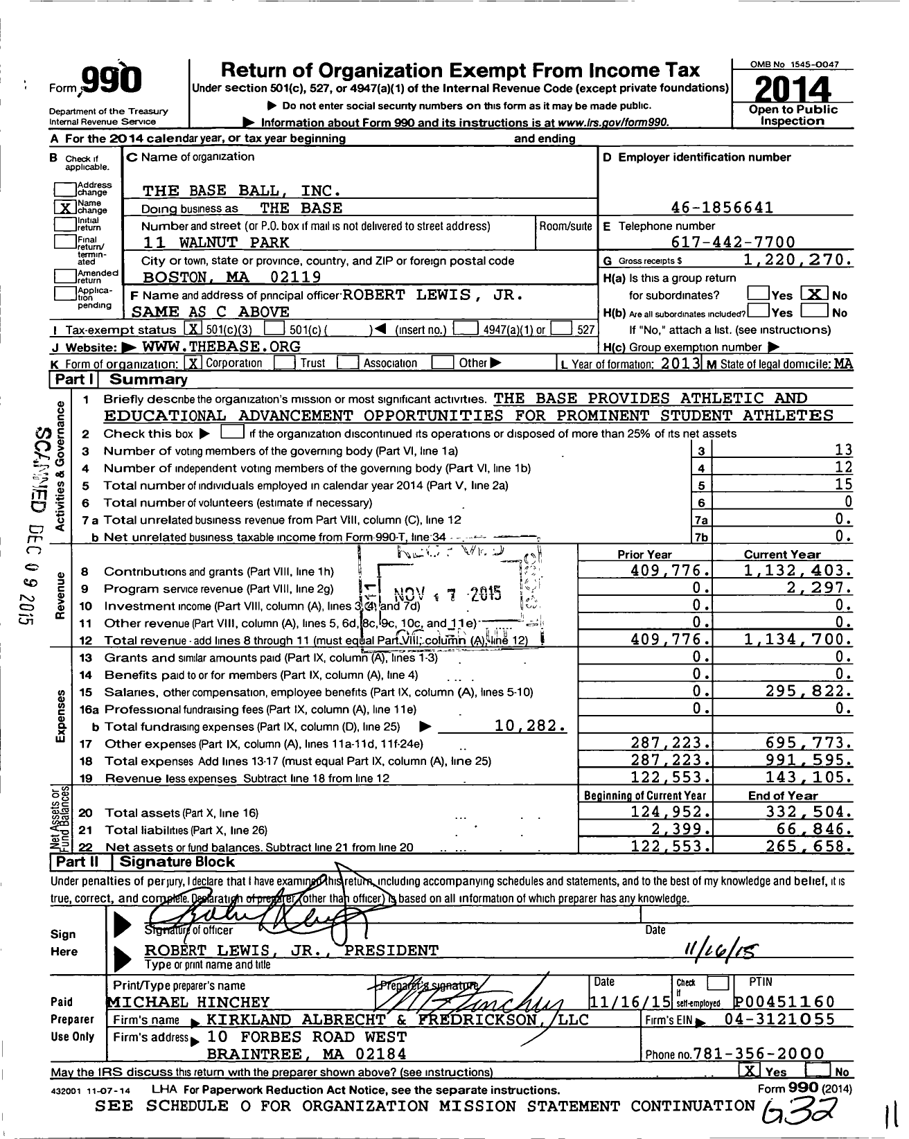 Image of first page of 2014 Form 990 for The Base