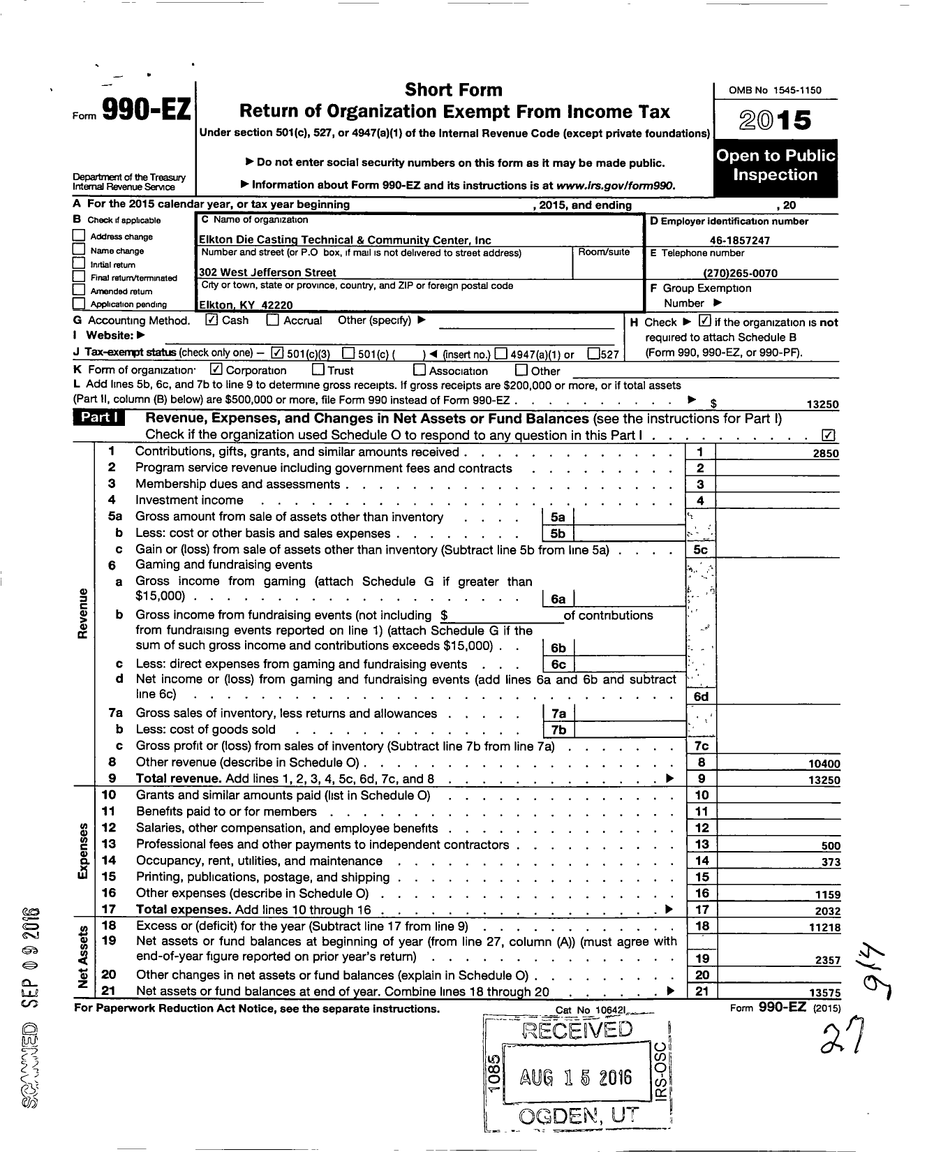 Image of first page of 2015 Form 990EZ for Elkton Die Casting Technical and Community Center