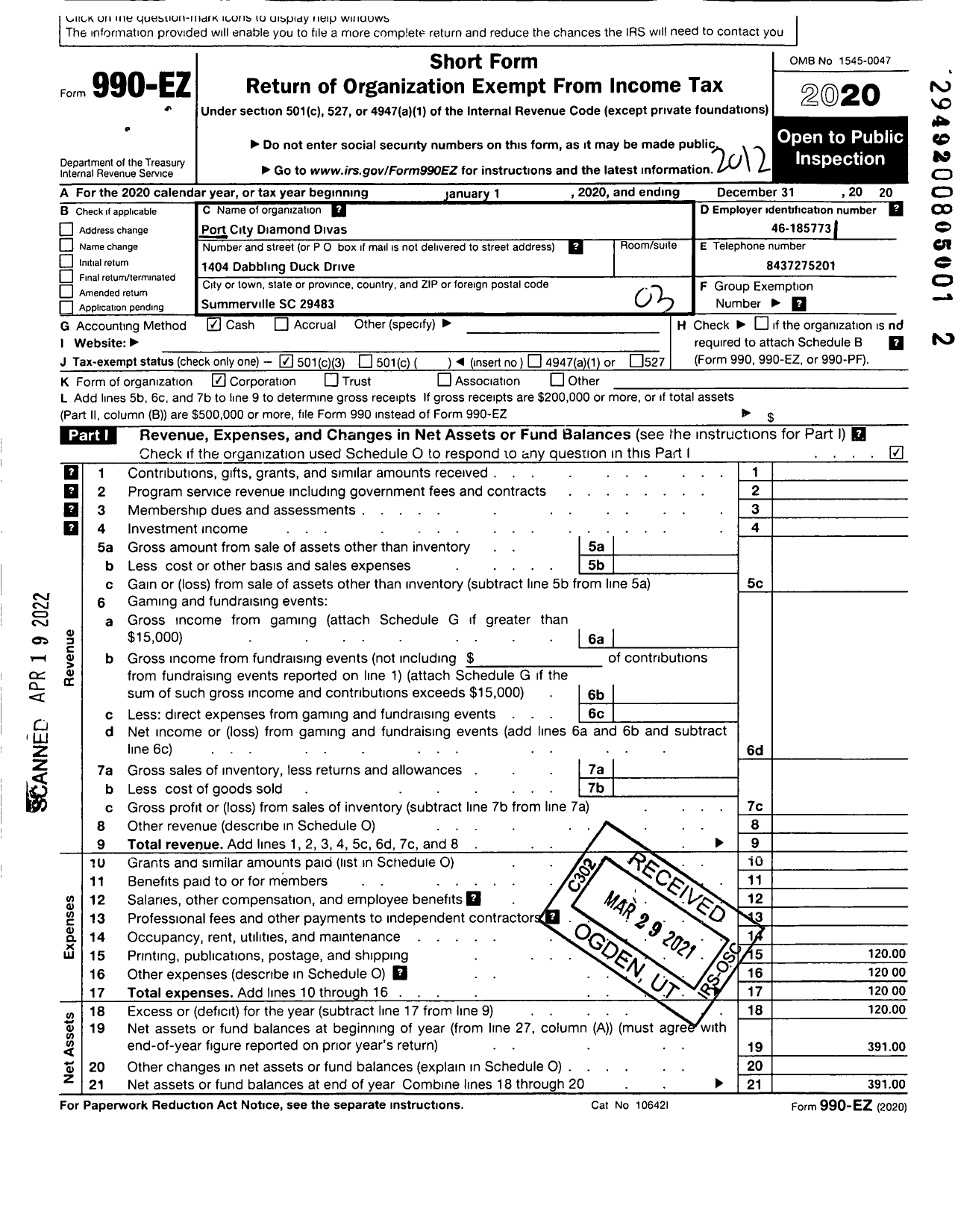 Image of first page of 2020 Form 990EZ for Port City Diamond Divas