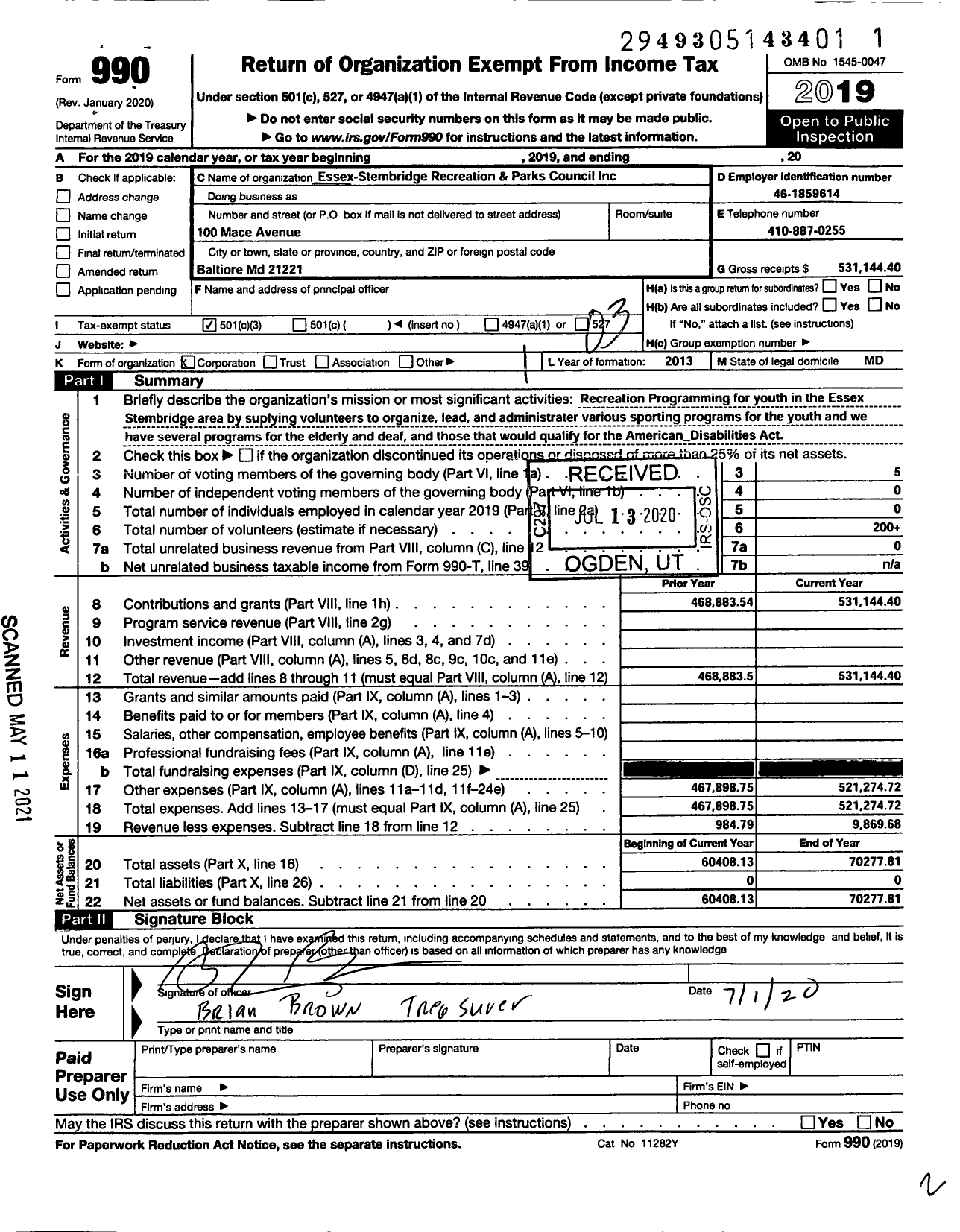 Image of first page of 2019 Form 990 for Essex-Stembridge Recreation and Parks Council